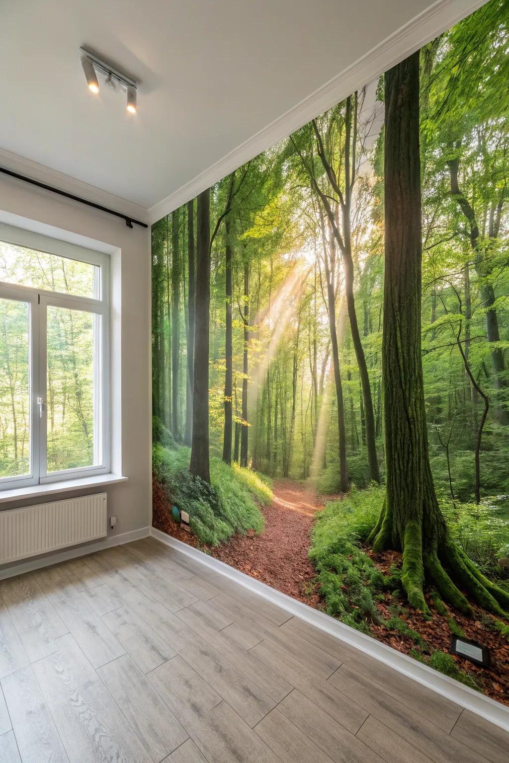 A wall mural can transport you to an enchanted forest.