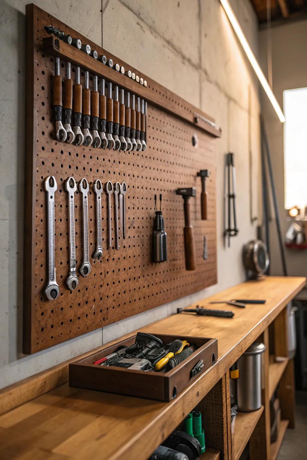 Elevate your workspace with pegboard perfection for ultimate tool organization.