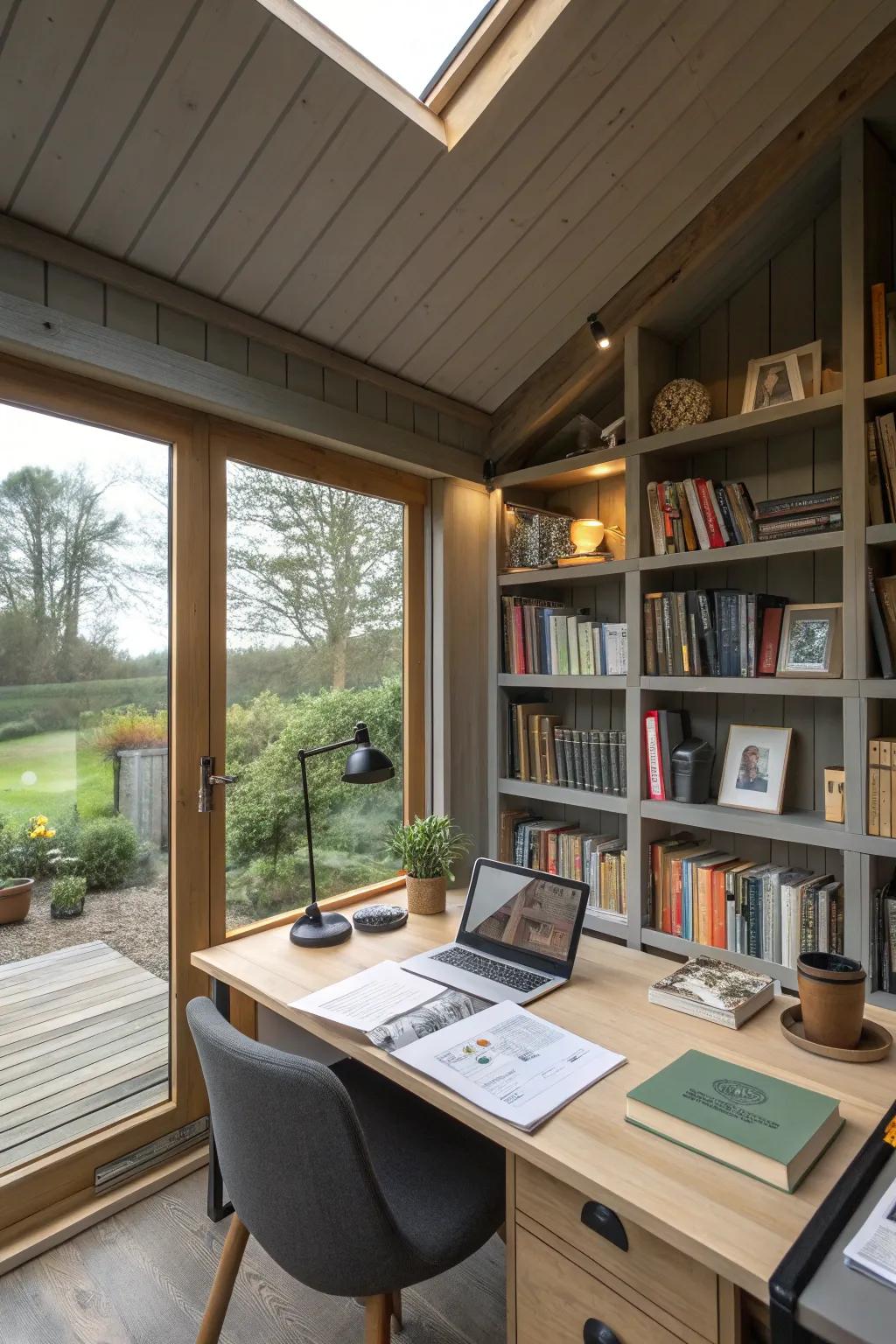 A tech-enhanced writing shed offering modern conveniences.