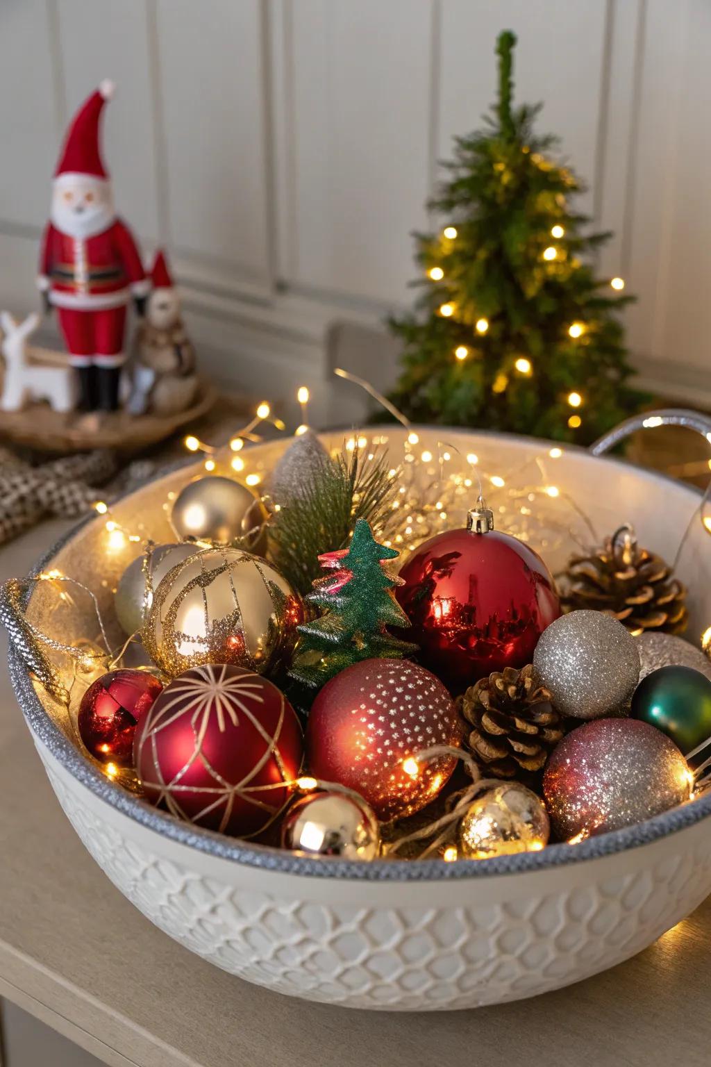 A creative ornament display in a decorative bowl.