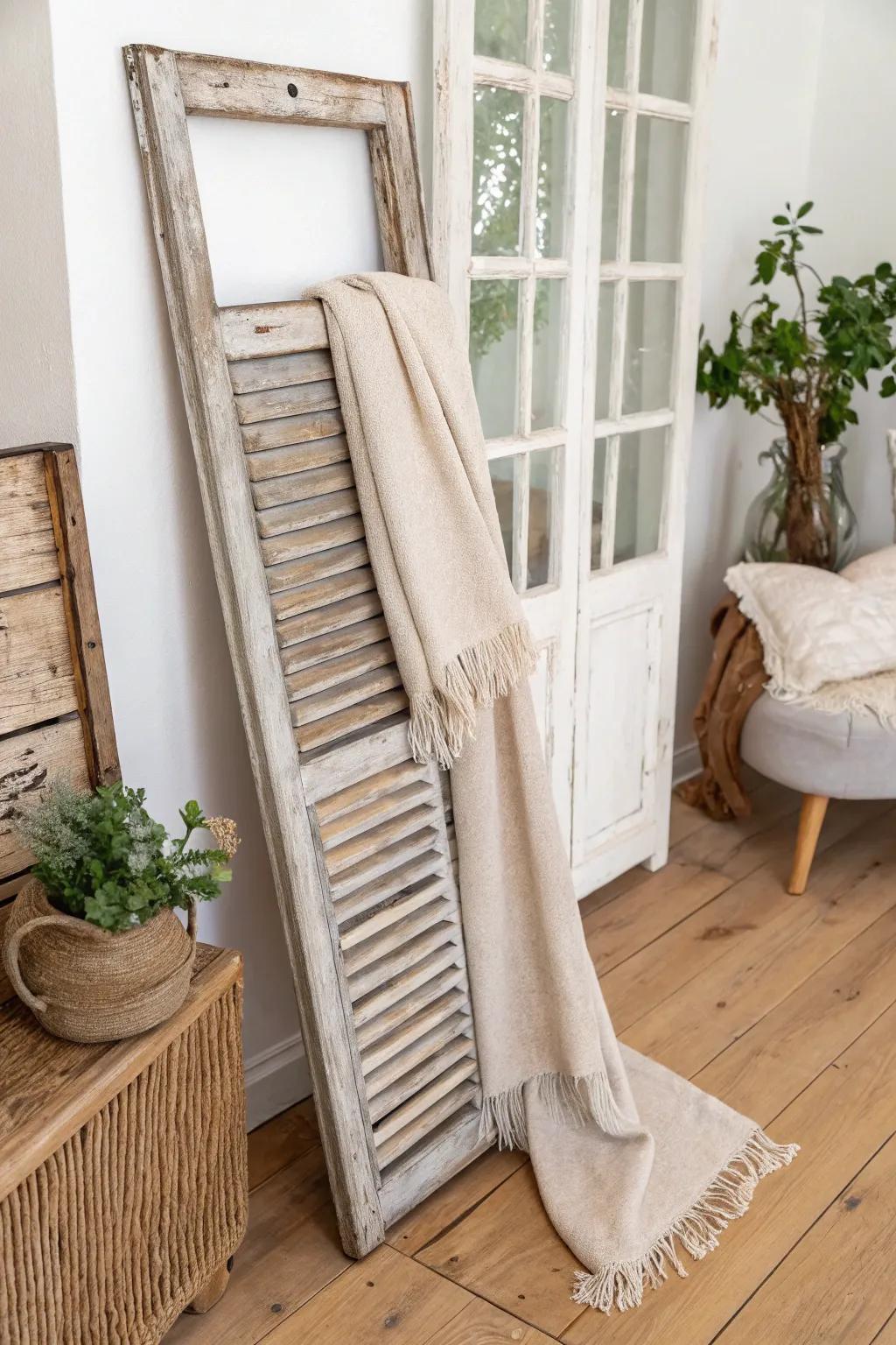 Transform old shutters into a chic blanket ladder for a cozy, minimalist touch.