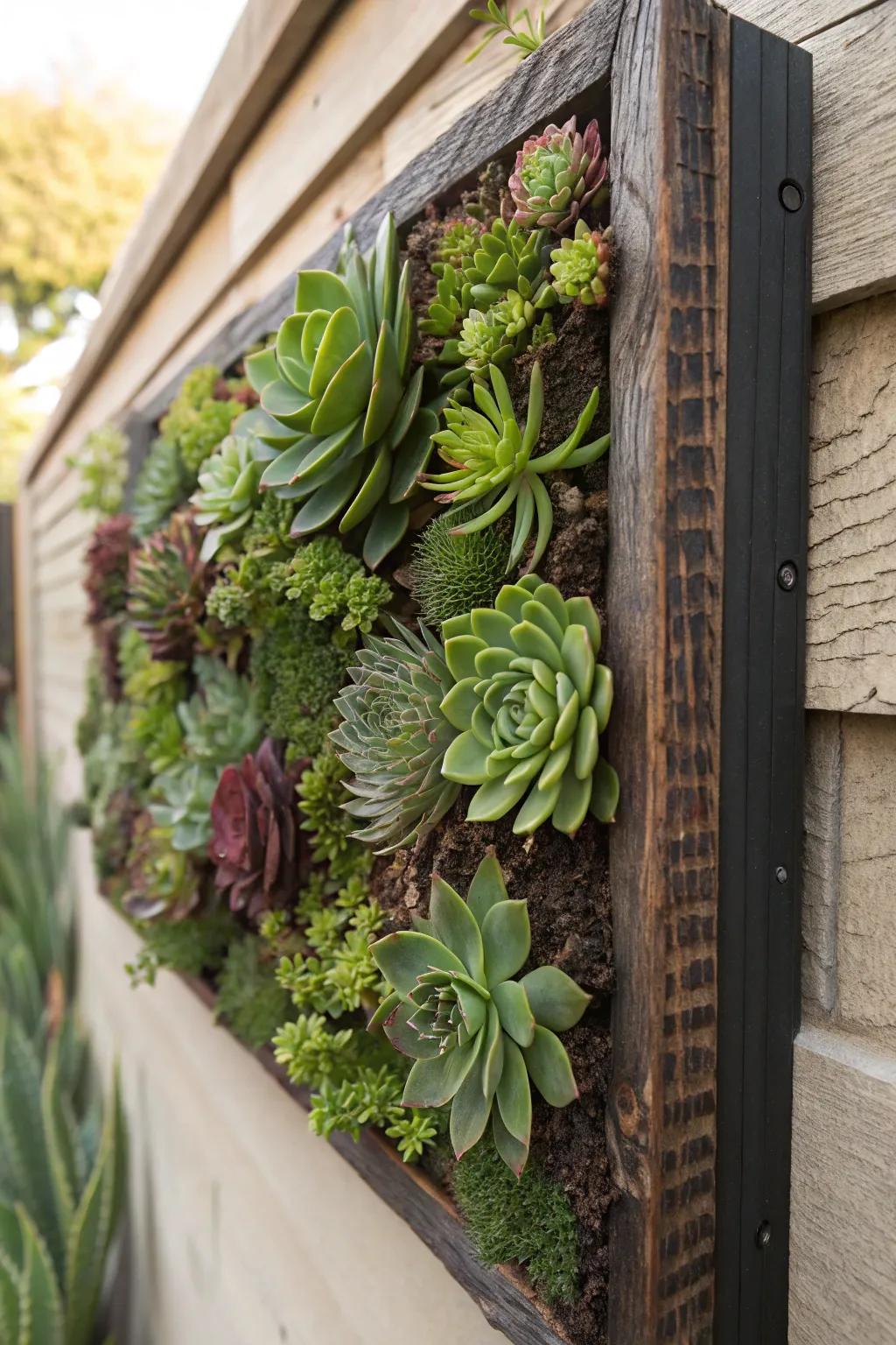 Elevate your outdoor space with a handcrafted living wall panel—nature's art in succulent form.