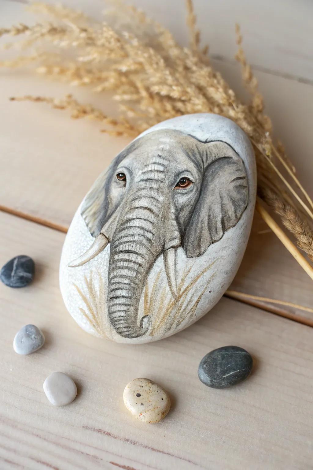 Capturing the Soul of Elephants: A Minimalist Rock Painting Masterpiece.