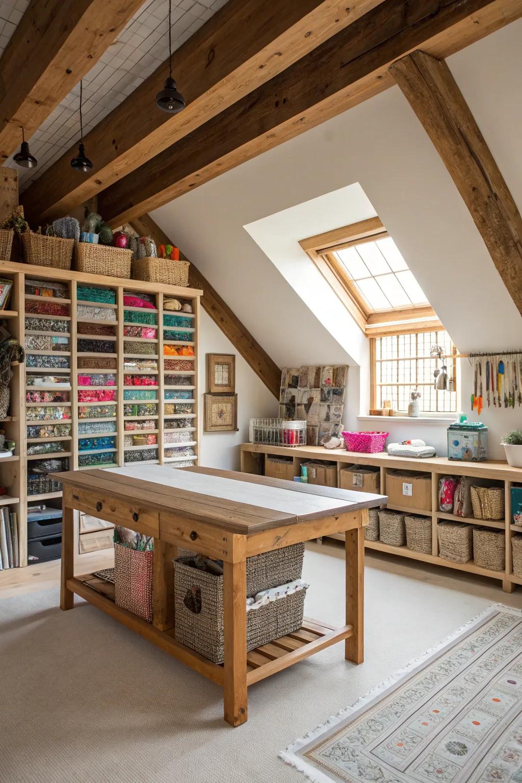 Transform your attic into a haven for creativity with a beautifully crafted workbench and organized supplies.