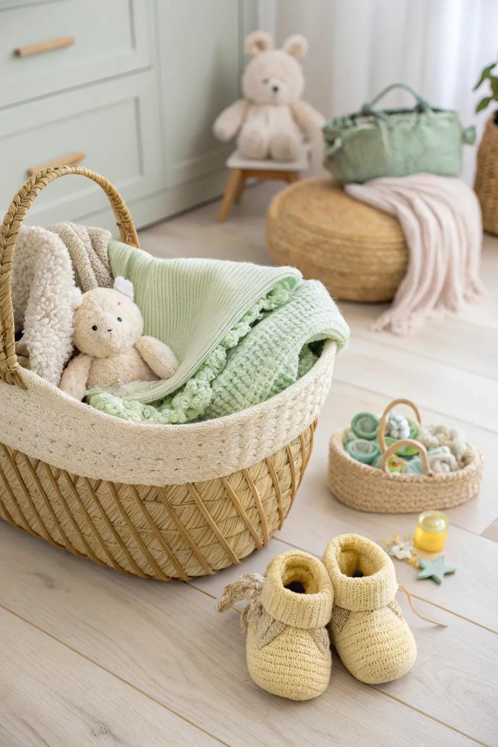 Embrace simplicity and elegance with a gender-neutral baby hamper that delights in soft greens and yellows.