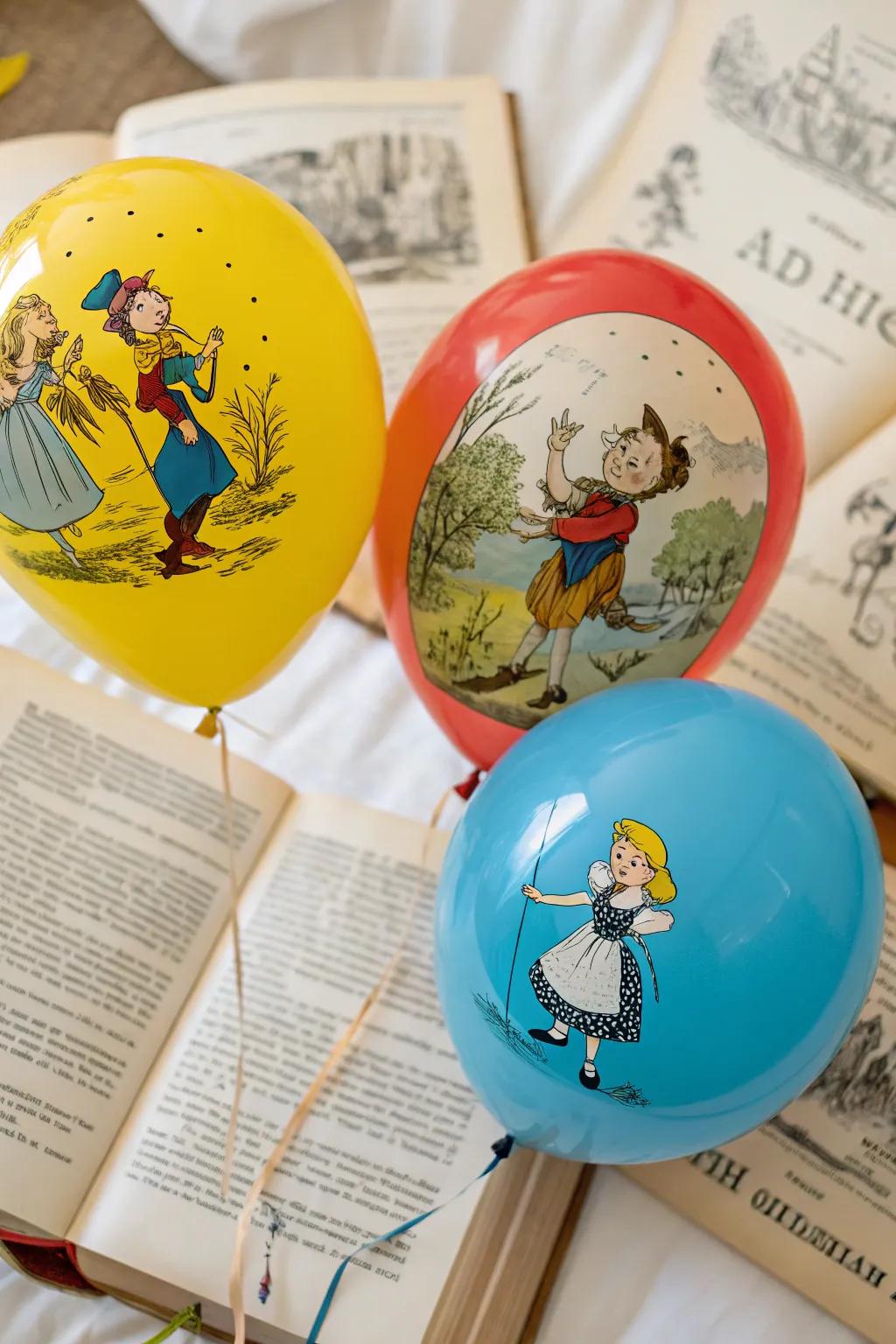 Storybook-themed balloons evoke a sense of wonder.