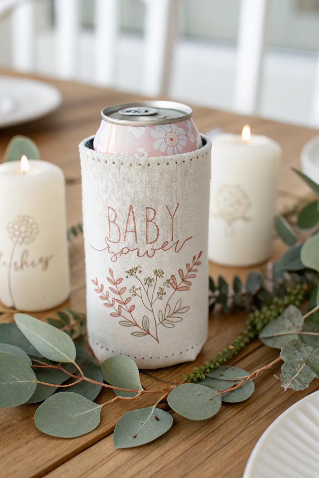 Elevate your baby shower with beautifully coordinated decor, where every detail, including these charming koozies, ties the celebration together.