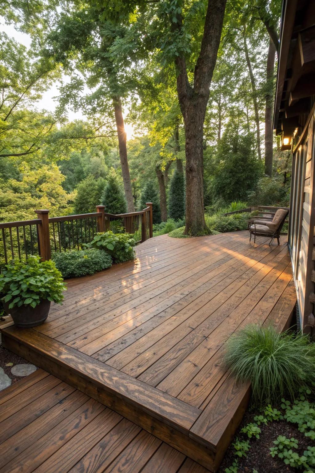 Embrace the rustic charm: a handcrafted wooden deck that seamlessly merges with nature.