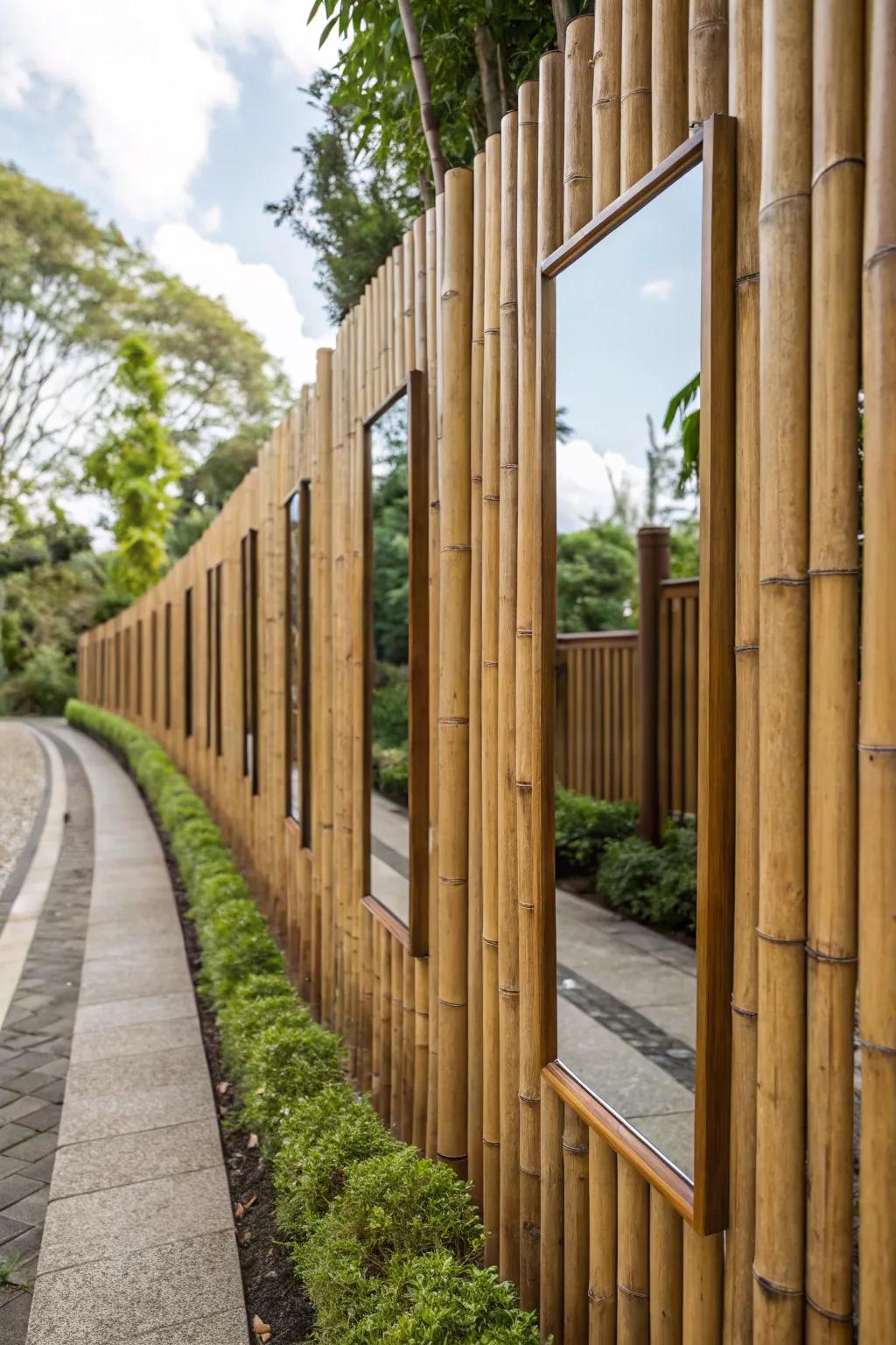 Expand your outdoor space with the enchanting allure of a bamboo fence adorned with mirror inserts. #Craftsmanship #BambooDesign
