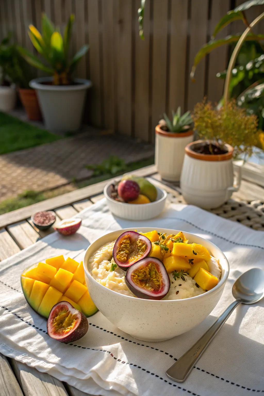 A tropical twist with mango and passionfruit brings a fresh flavor.