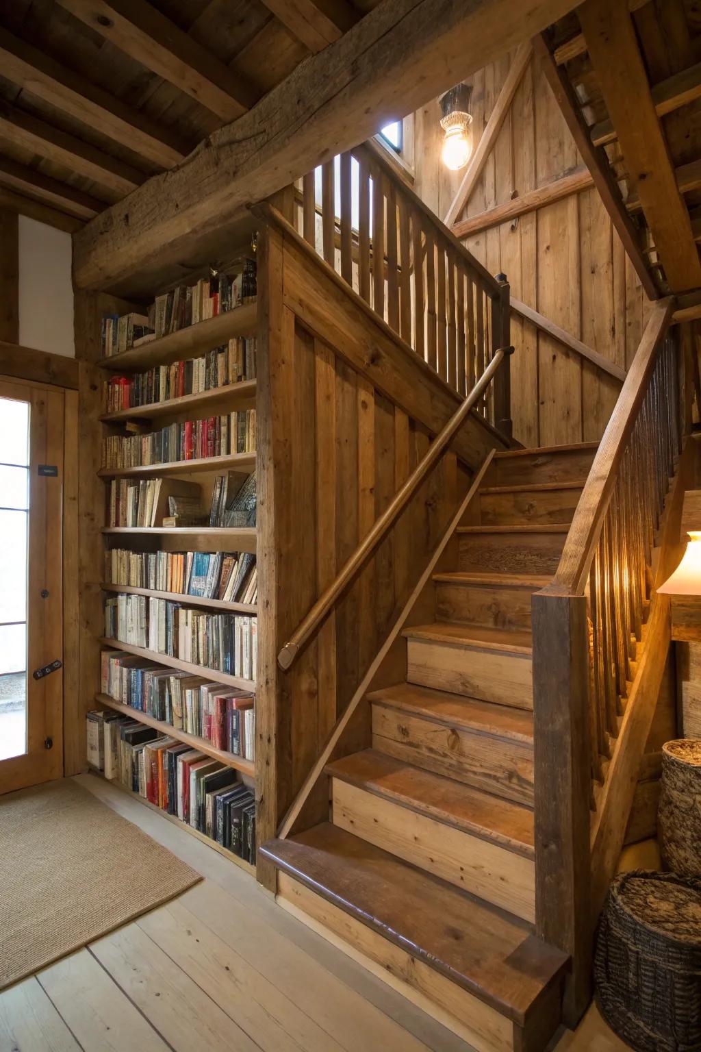 A built-in bookcase adds functionality and charm to barn stairs.