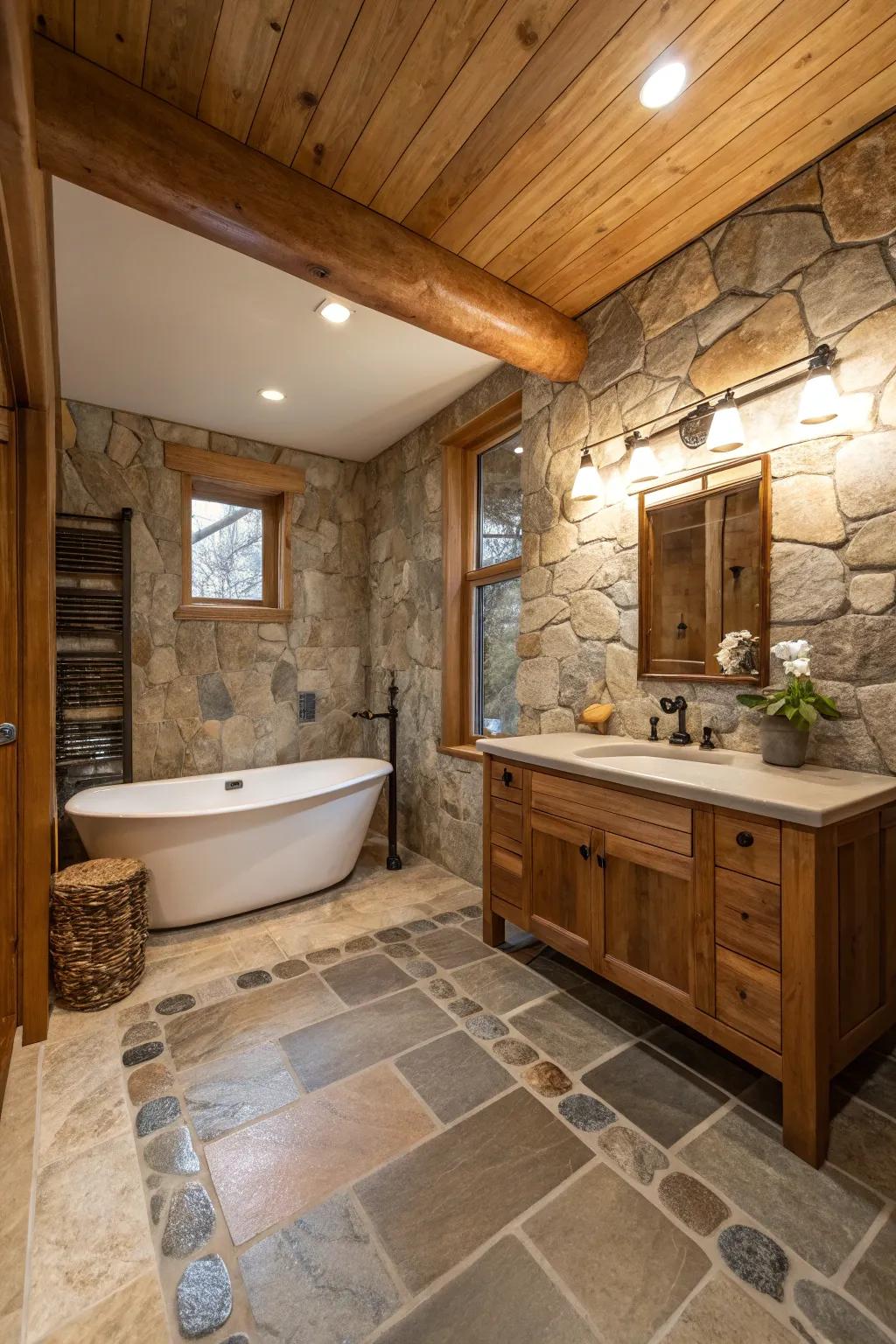 Natural elements like stone and wood create a warm and inviting atmosphere.