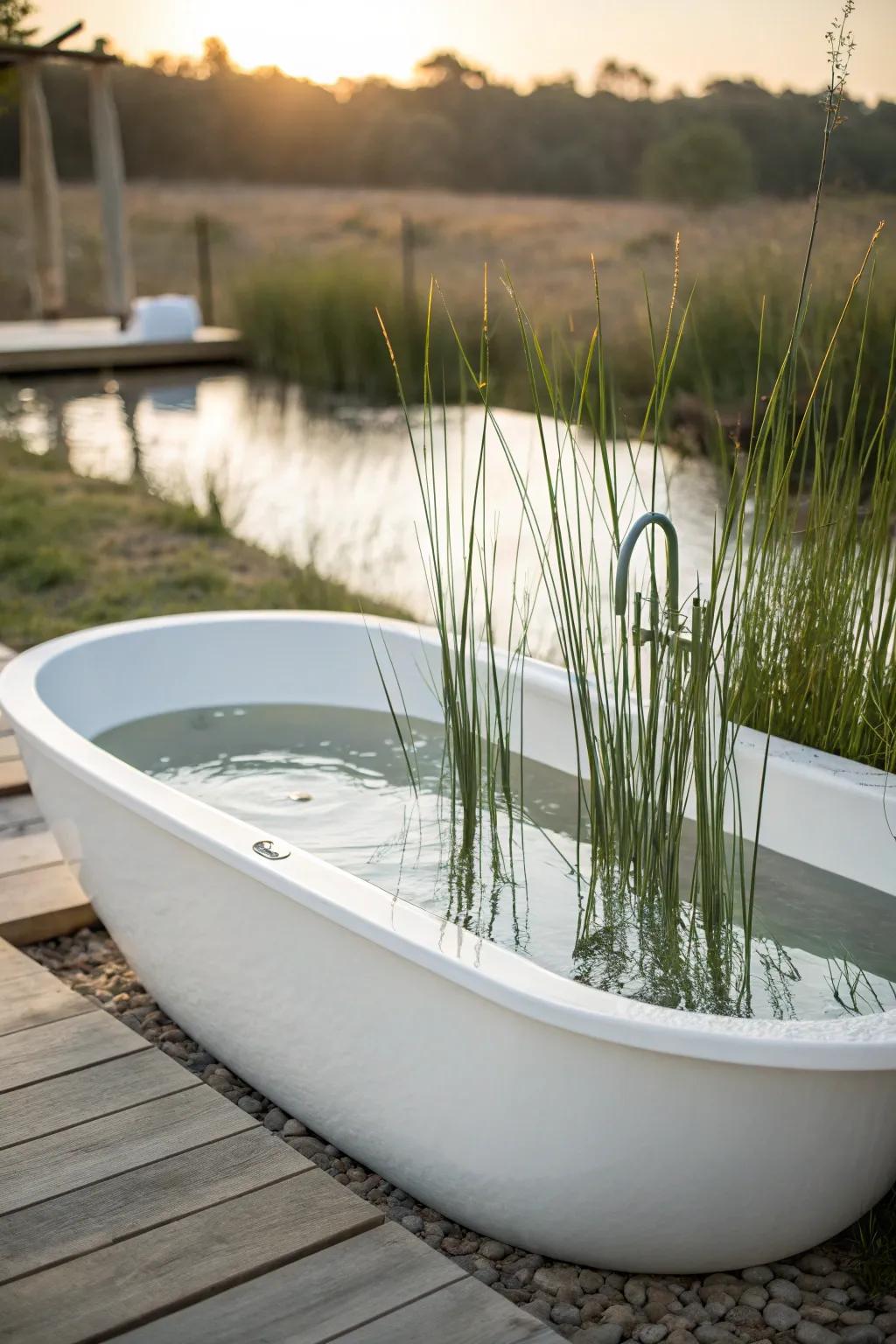 Embrace serenity with a sleek, minimalist bathtub pond and the graceful elegance of reeds.
