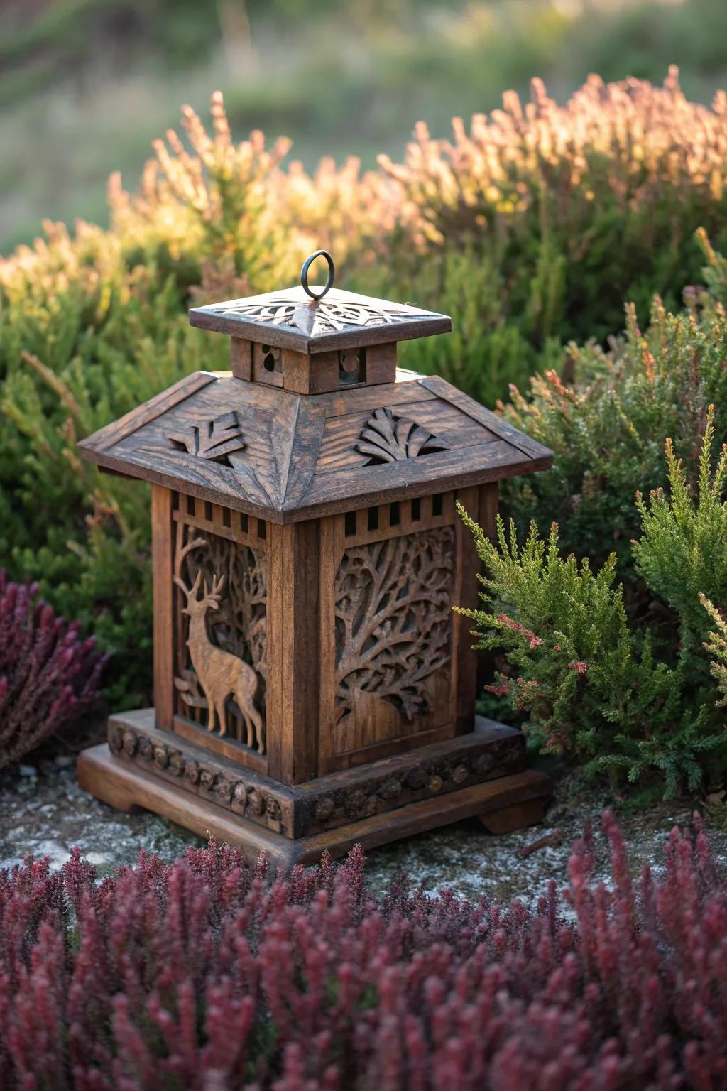 Craftsmanship meets nature: A robust deer feeder shielded by a natural barrier of thorny shrubs.