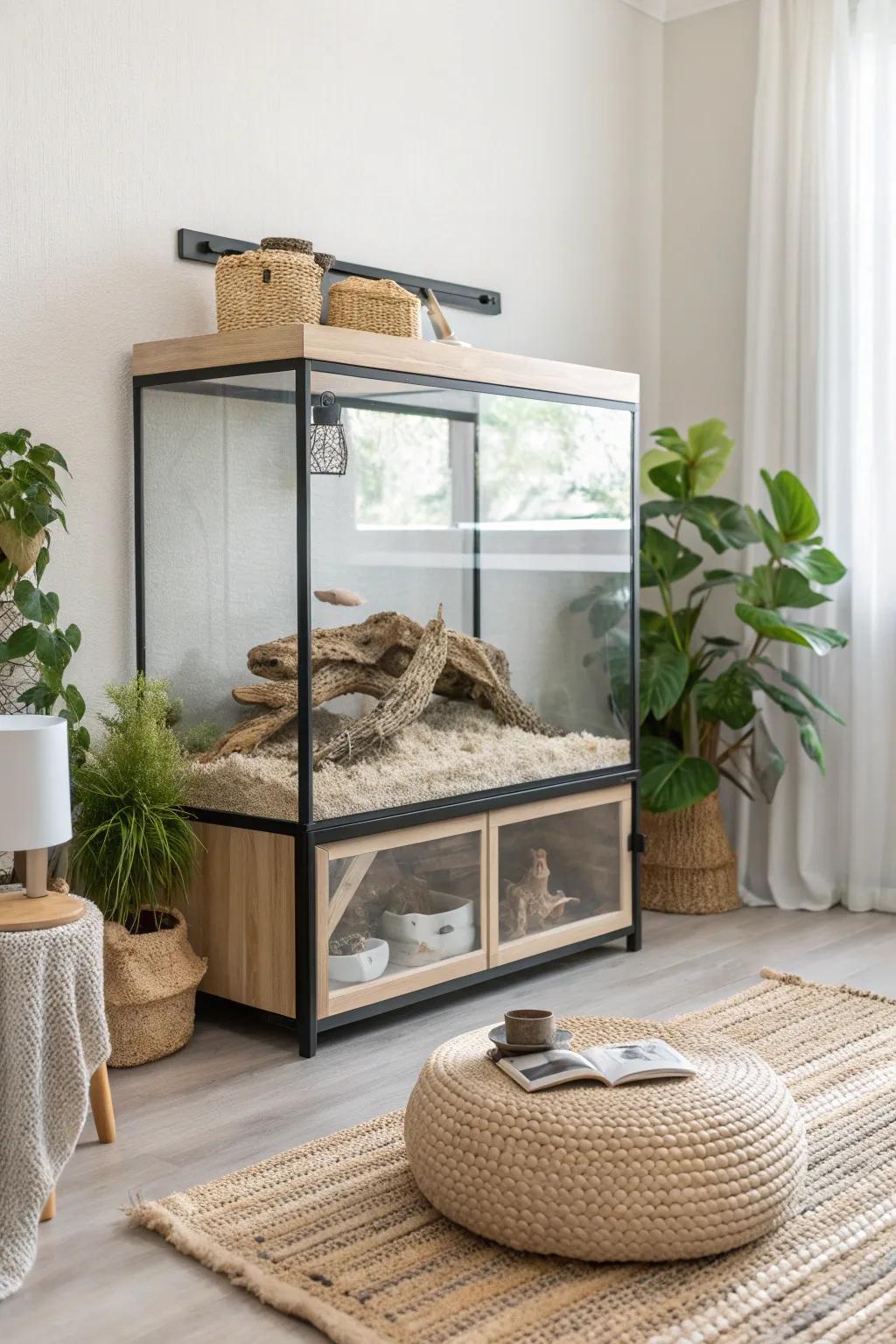 Embrace the elegance of a full glass enclosure, blending minimalist aesthetics with boho charm for your bearded dragon.