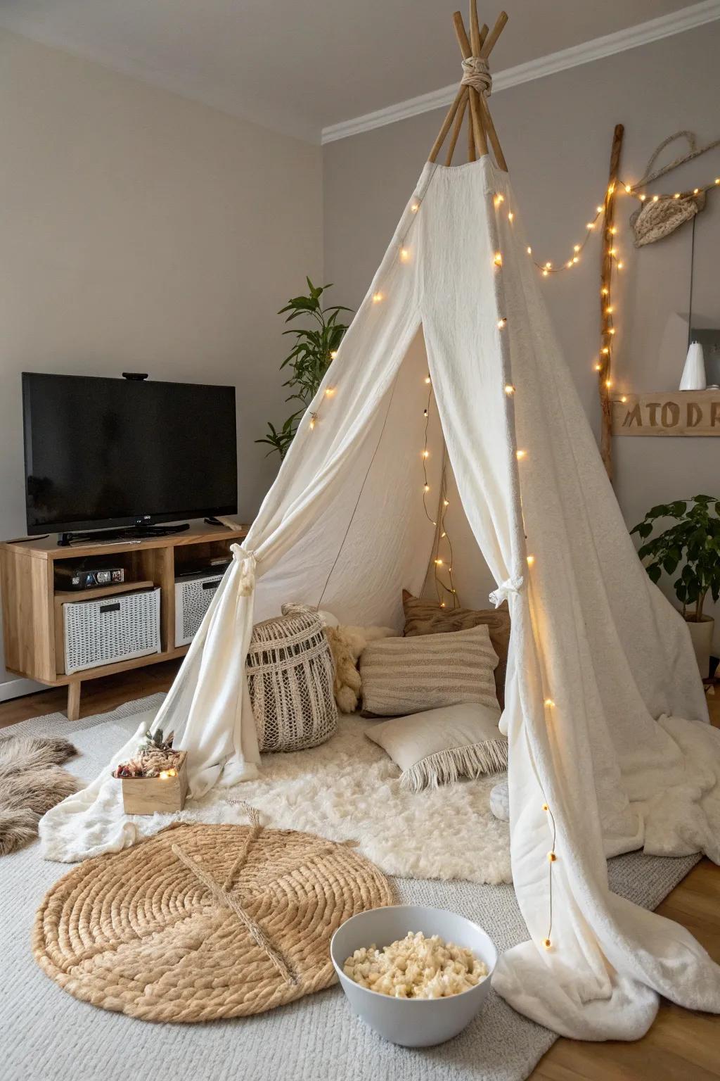 Transform your bedroom into a cozy movie night haven with minimalist elegance and a Boho touch.