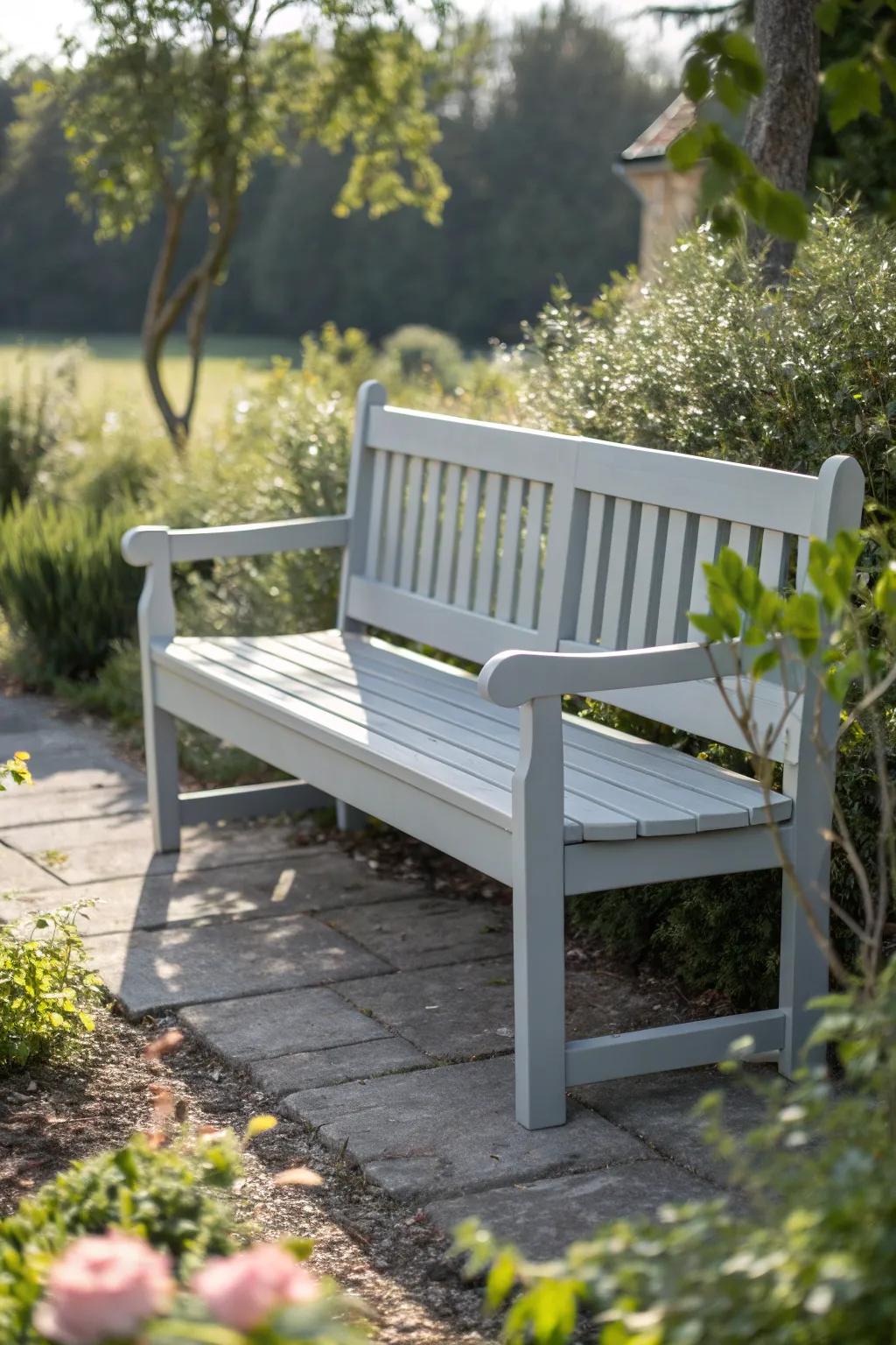 Embrace serenity with minimalist elegance: a gray bench that transforms your garden into a peaceful haven.