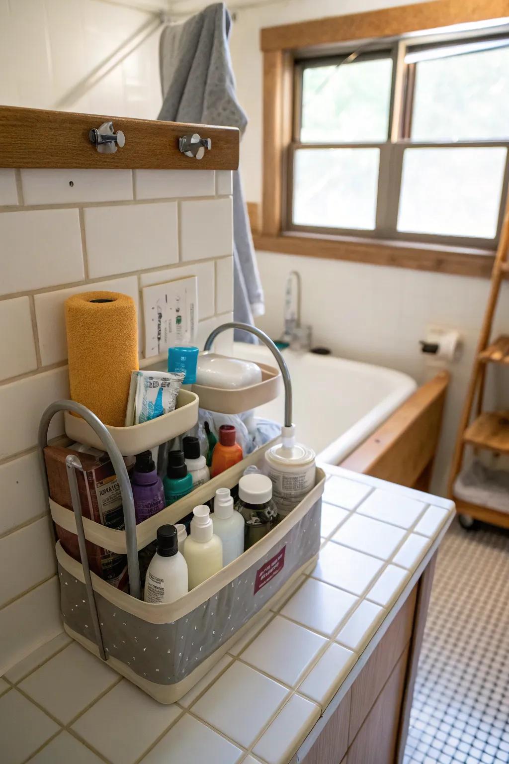 Keep bathroom essentials organized with a shower caddy.