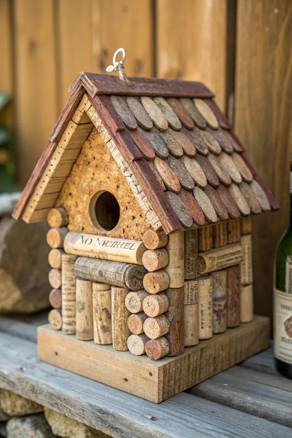 Transform your patio with this charming wine cork birdhouse, where creativity meets craftsmanship.