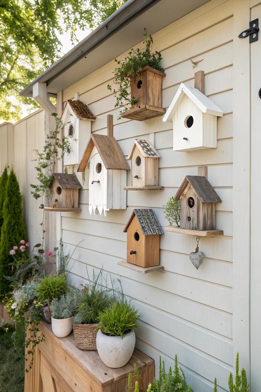 Embrace natural beauty with a stunning birdhouse wall that blends minimalist and Boho charm.