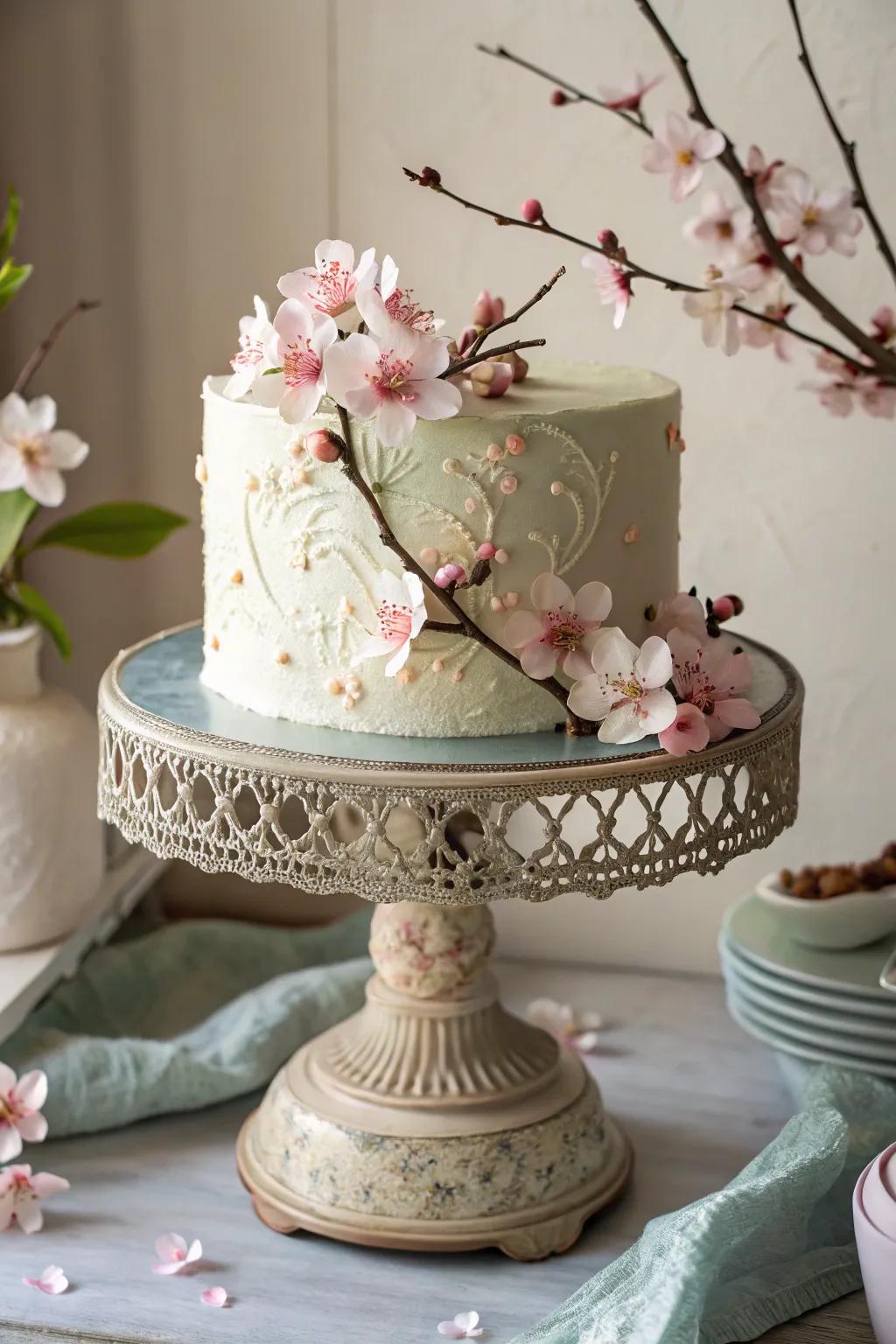 Vintage vibes bring a timeless beauty to this cherry blossom cake.
