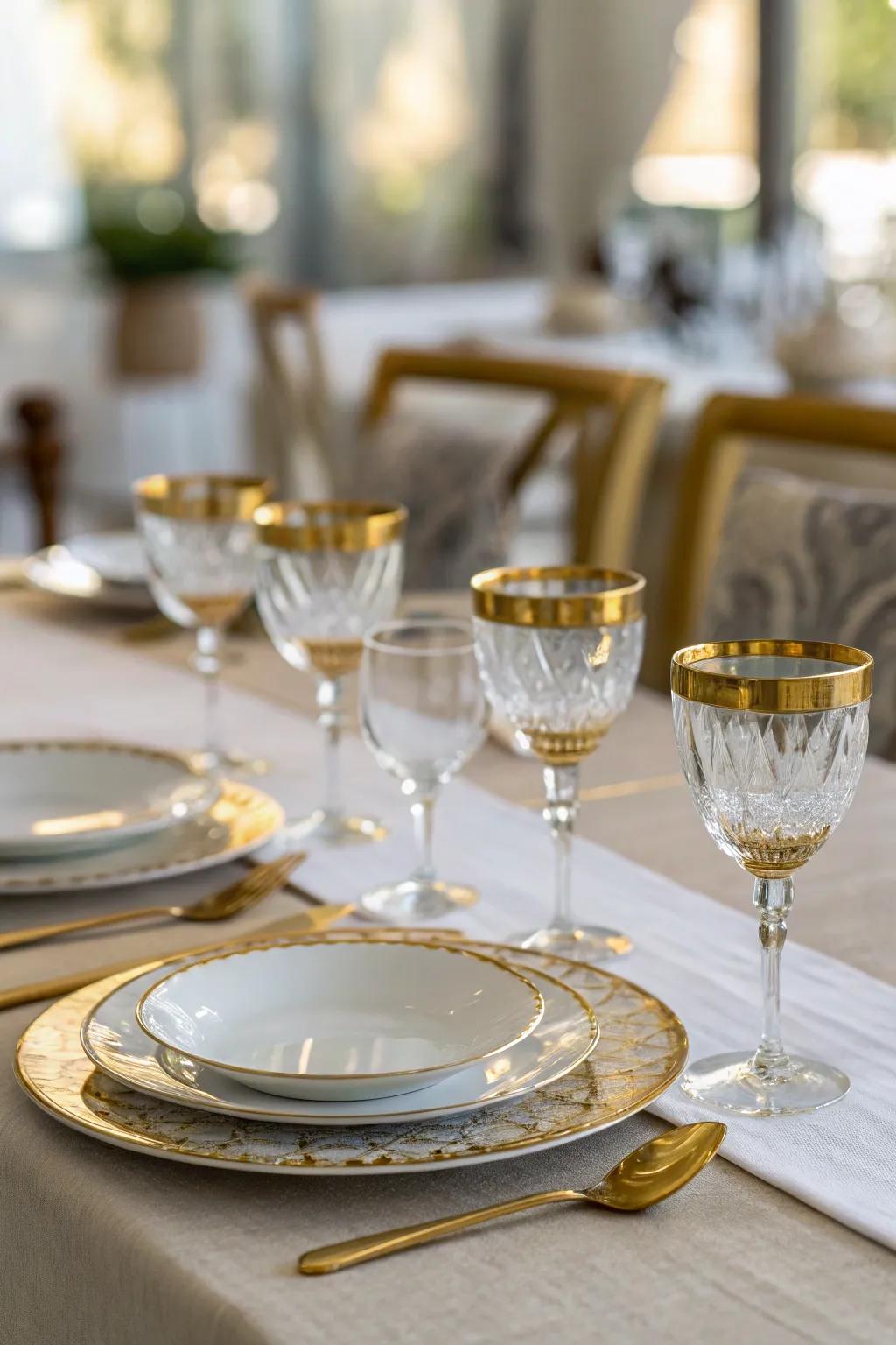 Gold rimmed glasses add an elegant, timeless touch.