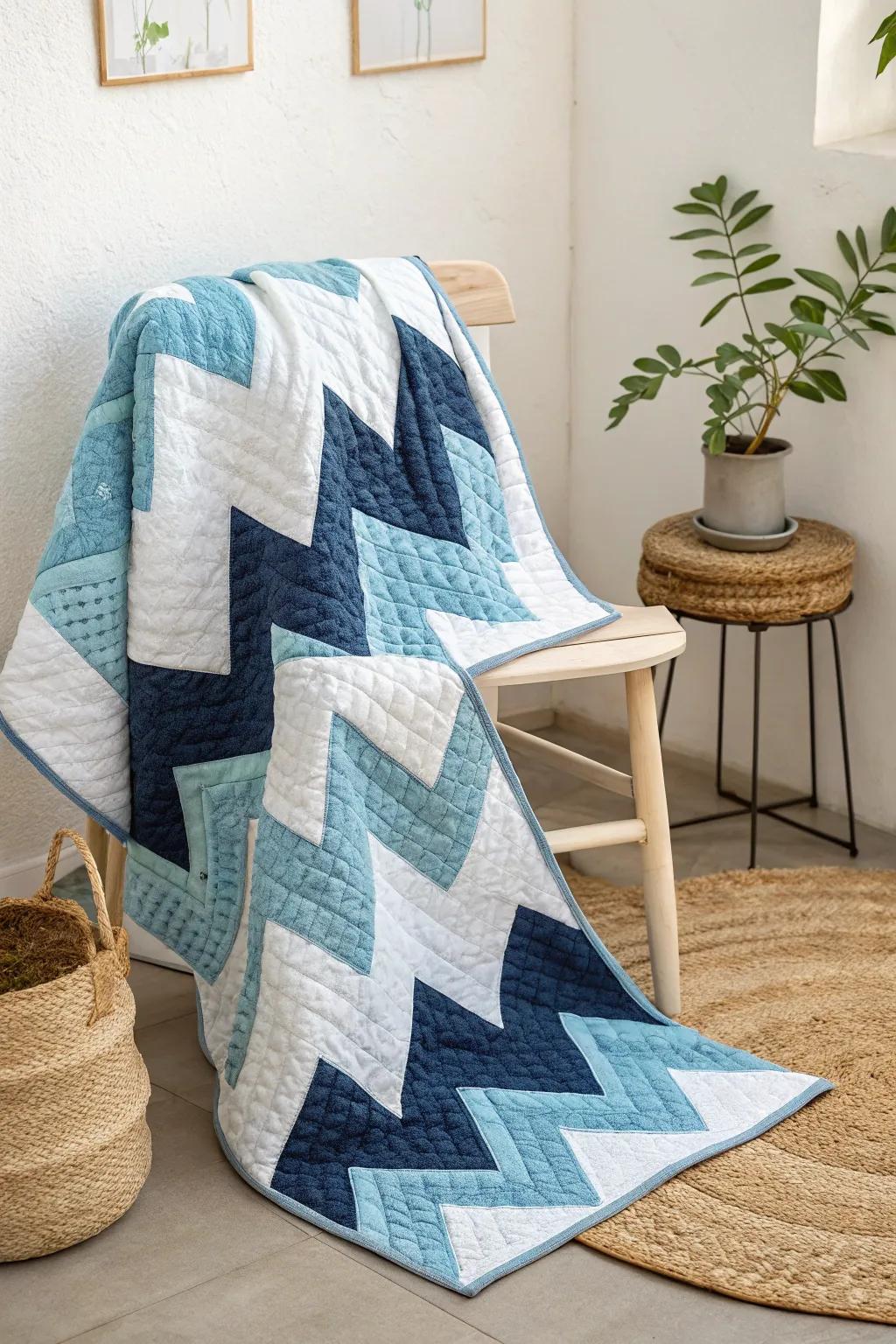 Dive into a world of blue hues with this bold chevron quilt—perfect for adding energy and elegance to any space.