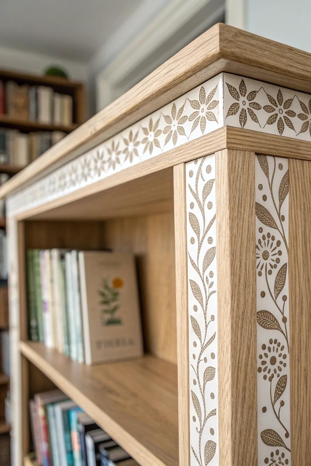 Add a touch of artistry to your bookcase with stenciled trim magic!