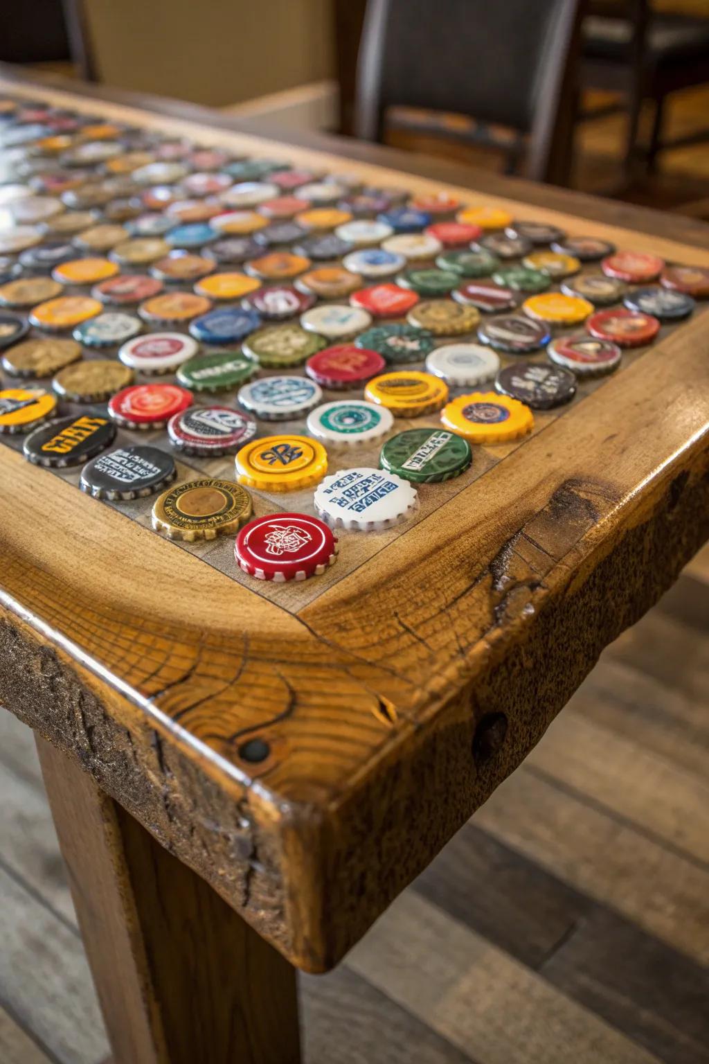 Where rustic charm meets modern flair: A bottle cap epoxy table masterpiece.