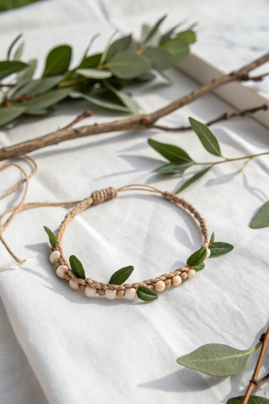 Embrace nature's touch with handmade twig and leaf bracelets for kids.