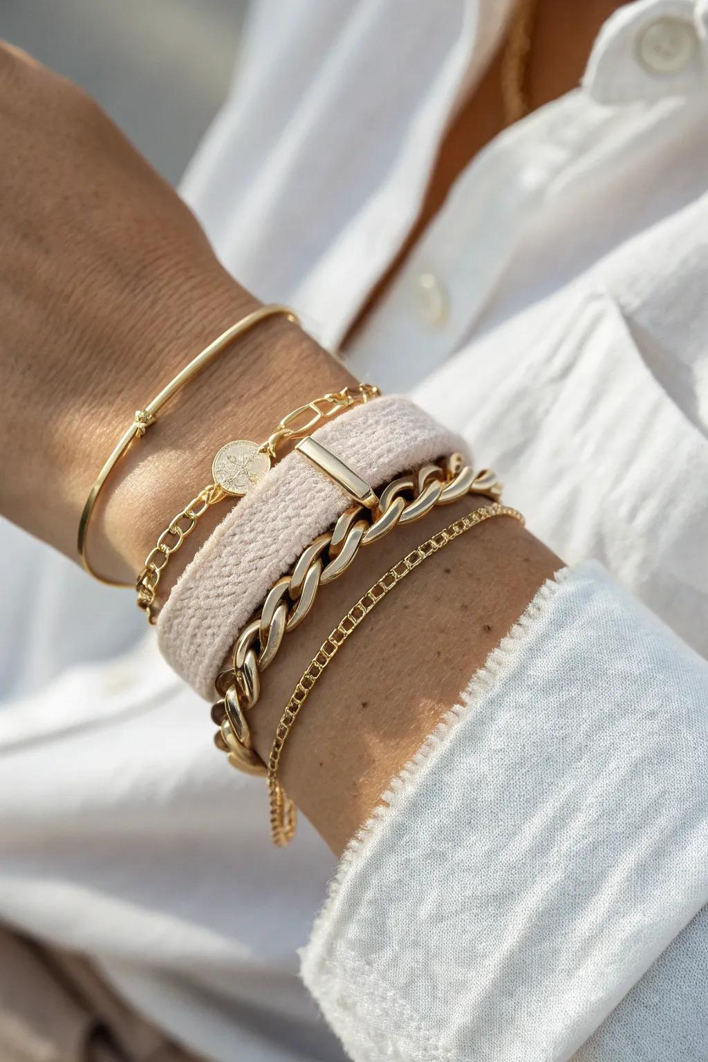 Effortlessly chic: Discover the art of bracelet layering with a mix of textures.