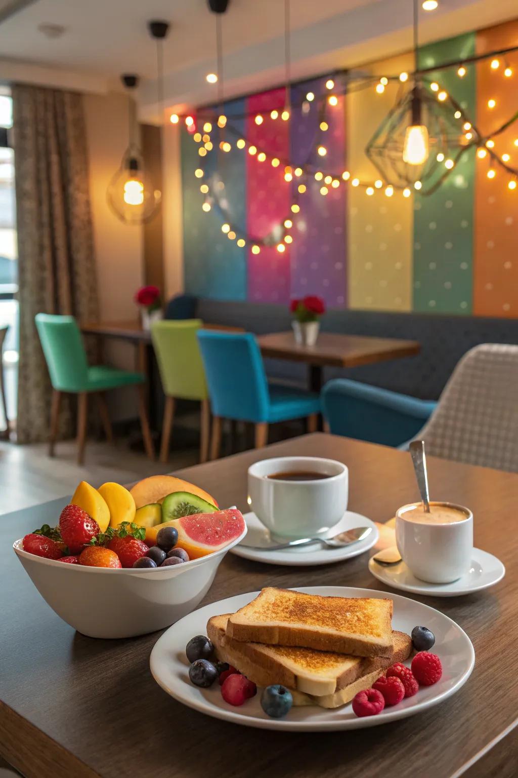 Colorful accent lights adding vibrancy to a breakfast area.