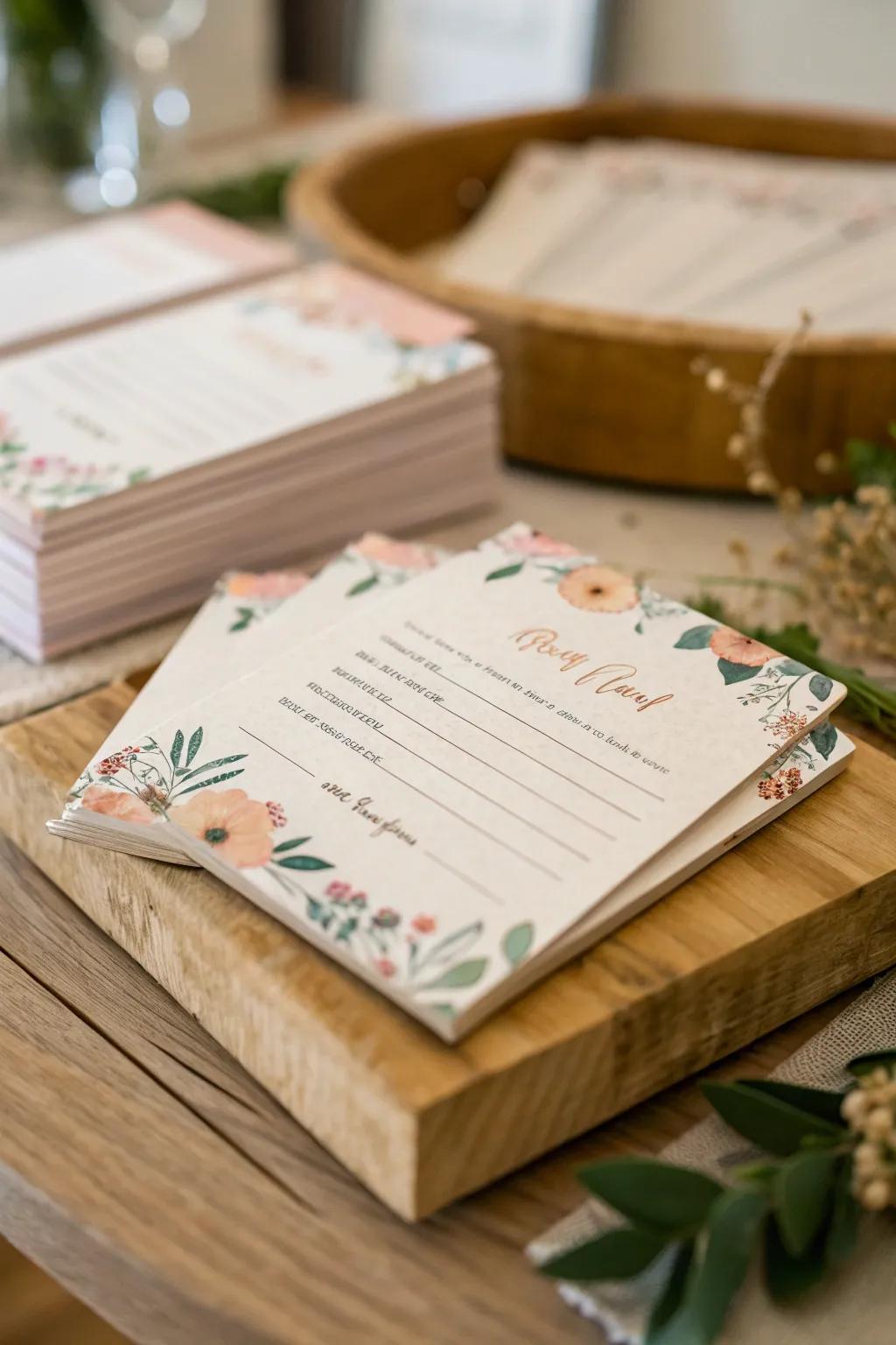 Add a personal touch to your bridal shower with these charming recipe cards. Perfectly blending simplicity and elegance!