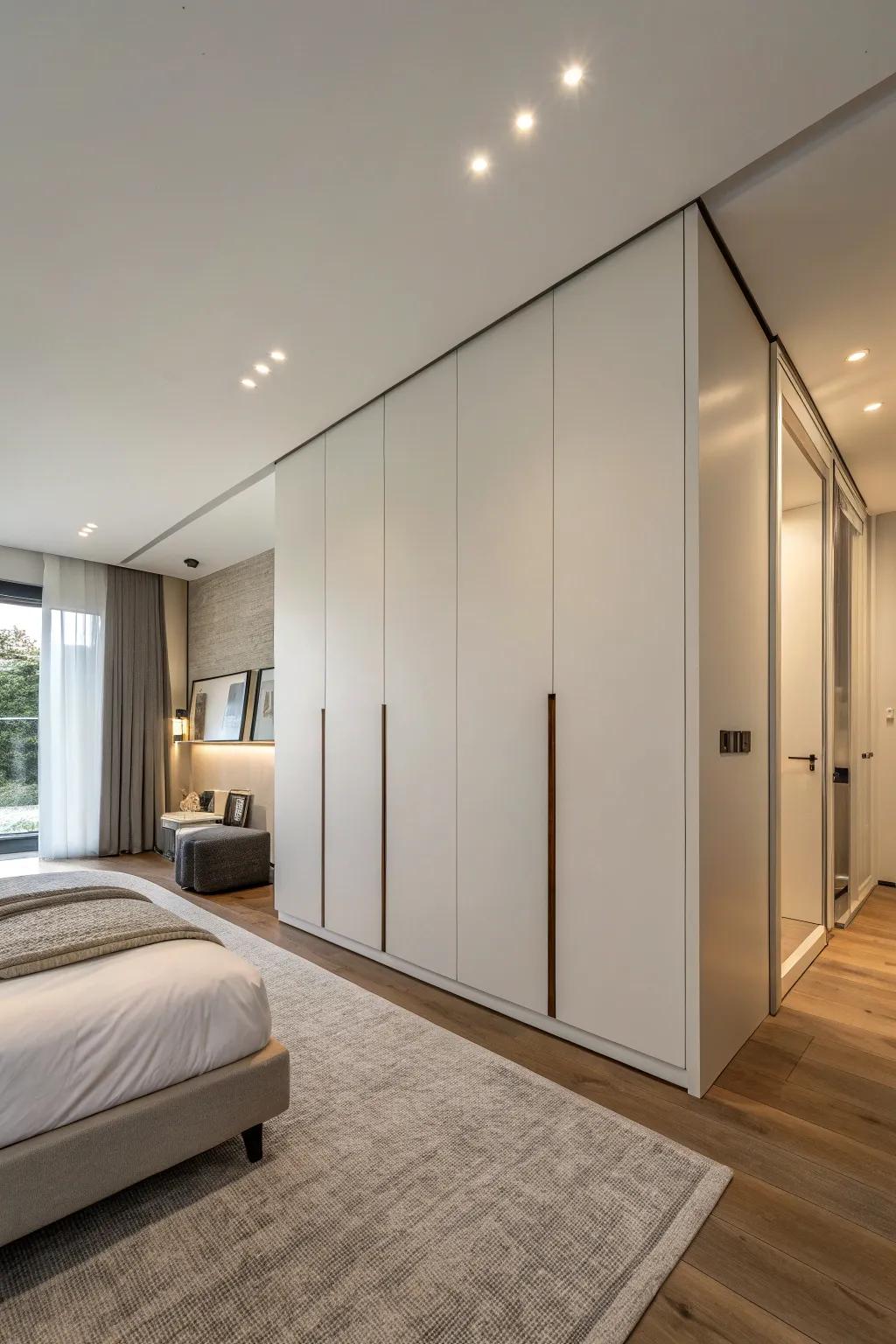 A minimalist wardrobe design with hidden doors for a clean, streamlined look.