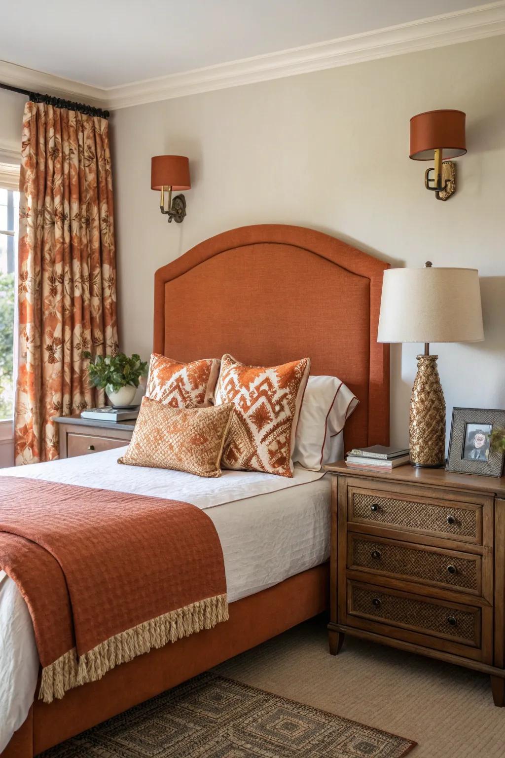 A burnt orange headboard makes a bold statement.