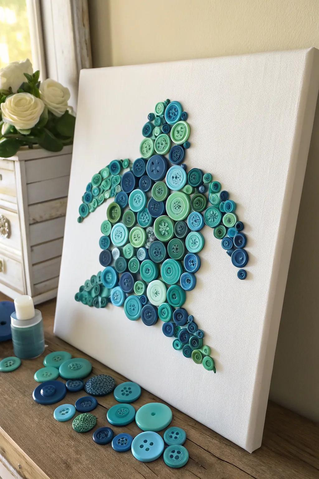 Bring the ocean to your space with this elegant button sea turtle canvas art.
