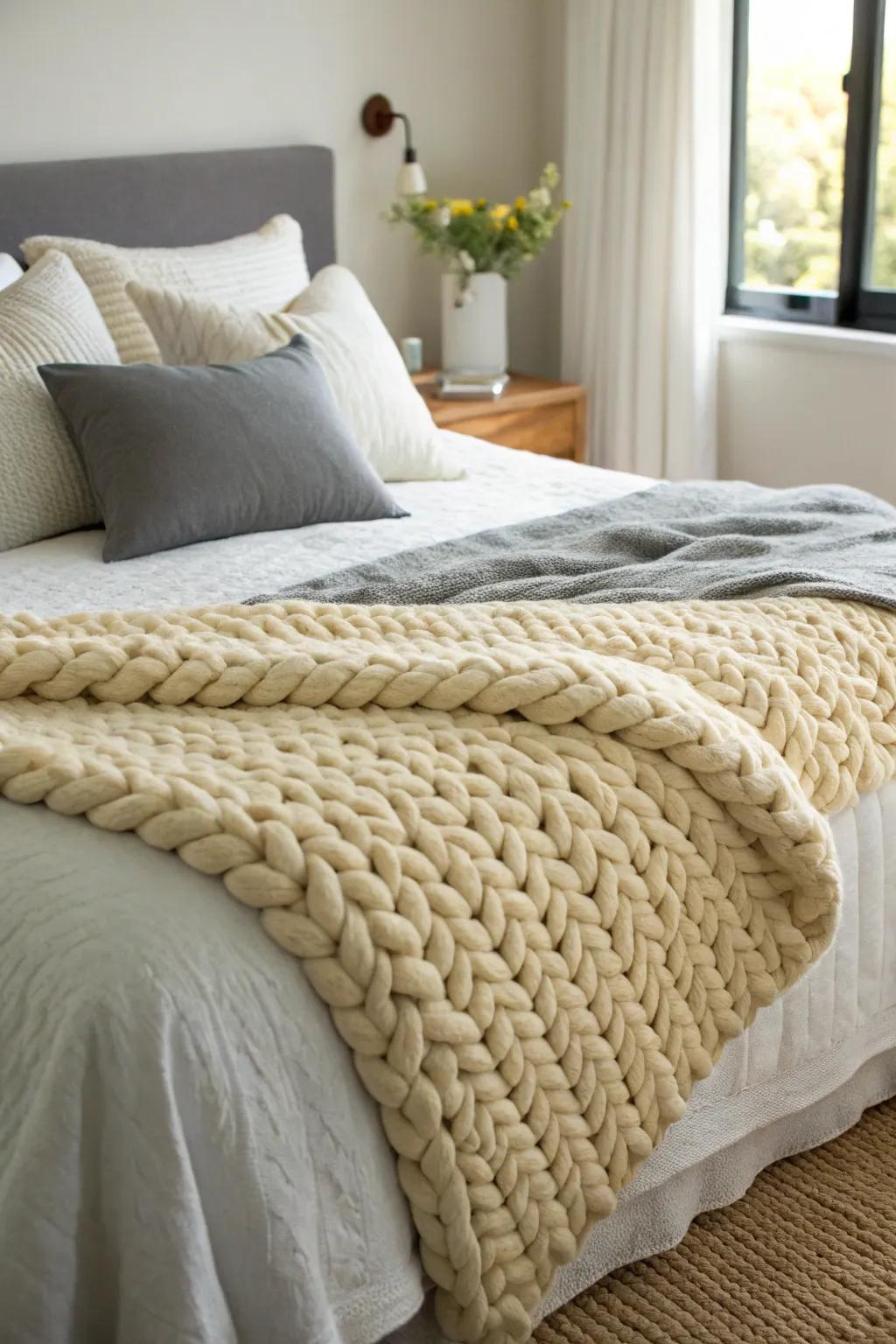 A bed layered with soft textiles for added comfort.