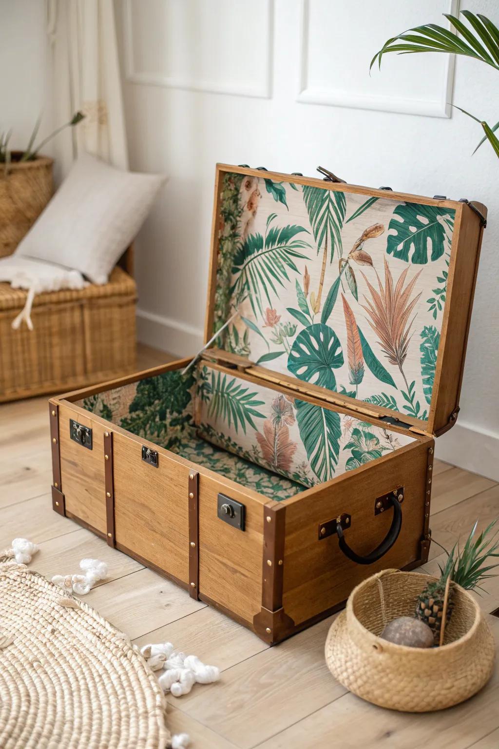 Transform your camp trunk into a tropical getaway with patterned paper lining—every opening feels like an escape!