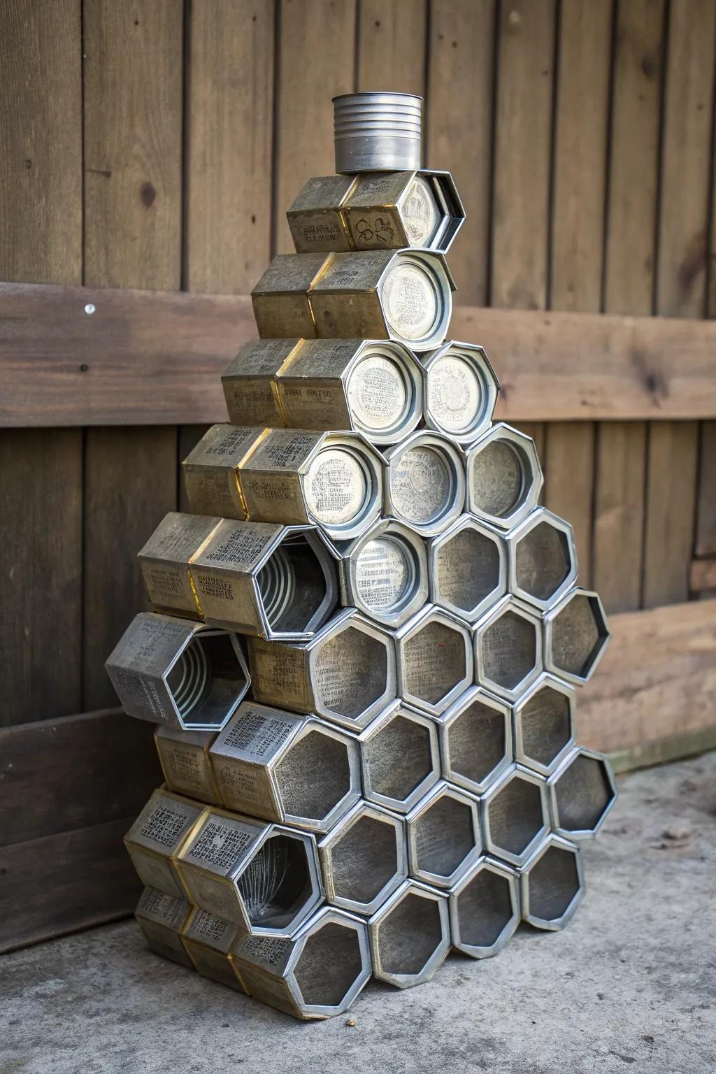 Craftsmanship at its finest: a stunning beehive made from cans.