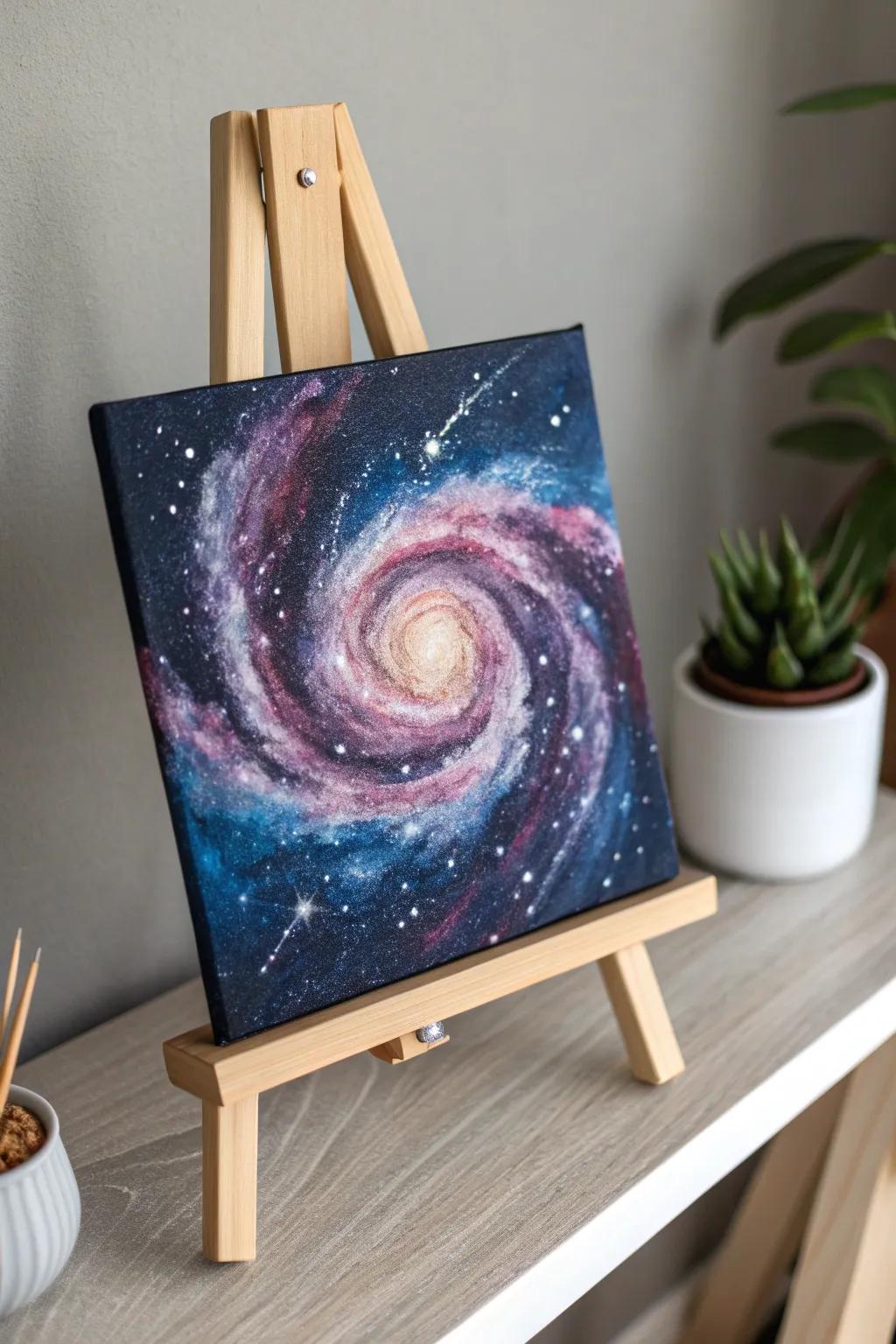 Explore the cosmos from home with a mesmerising galaxy swirl canvas. Let your creativity shine among the stars!