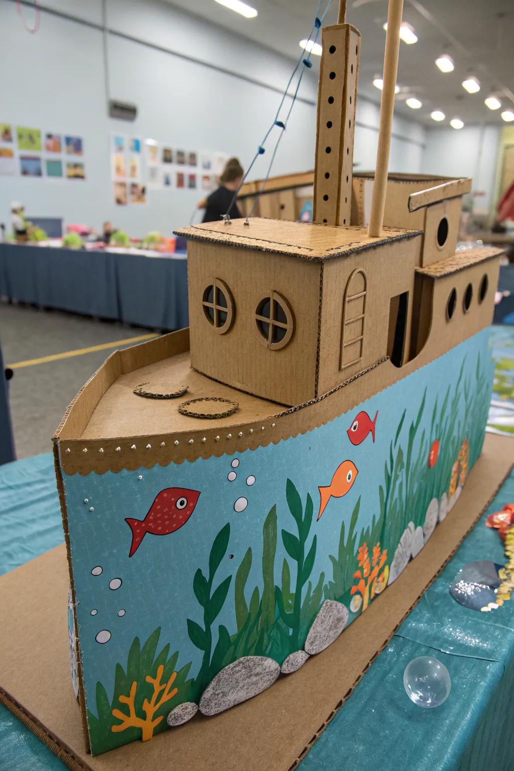 Dive into creativity with this stunning fish tank boat, where cardboard meets craftsmanship.