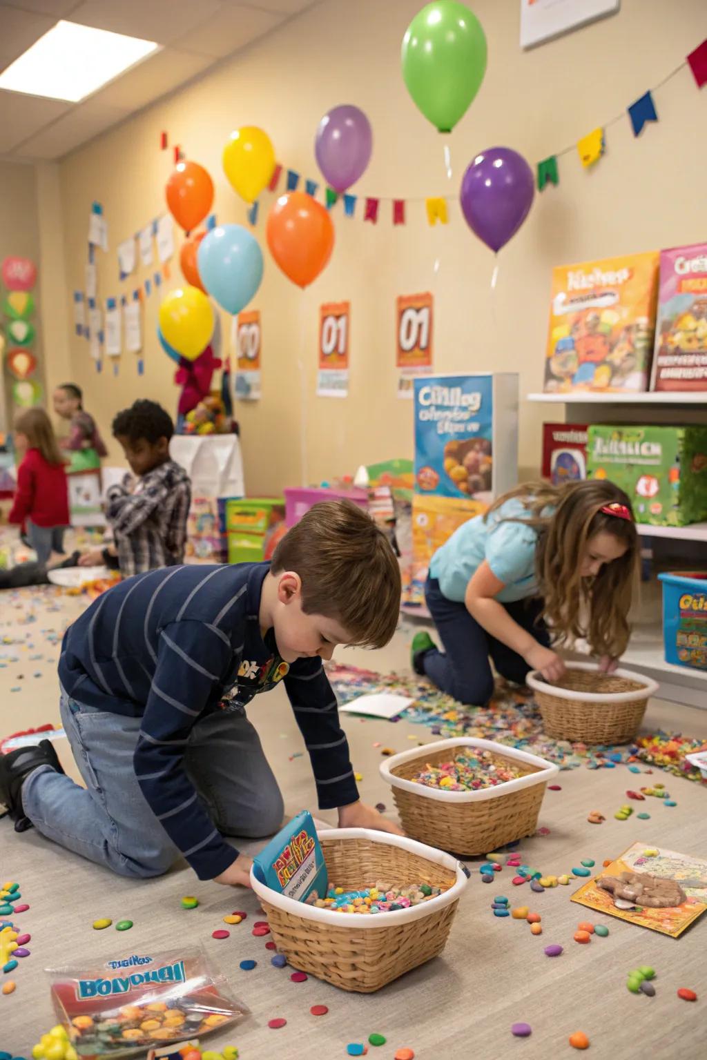Kids participating in a cereal scavenger hunt in a decorated room.