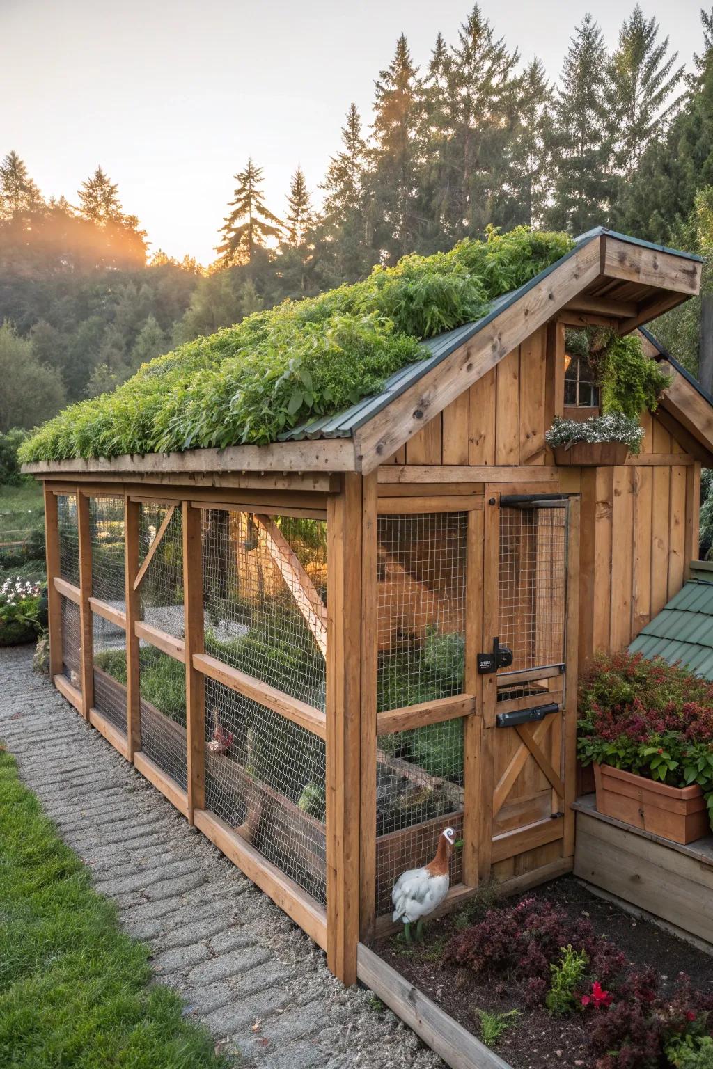 Elevate your chicken run with the charm of a green roof—where craftsmanship meets sustainable style.