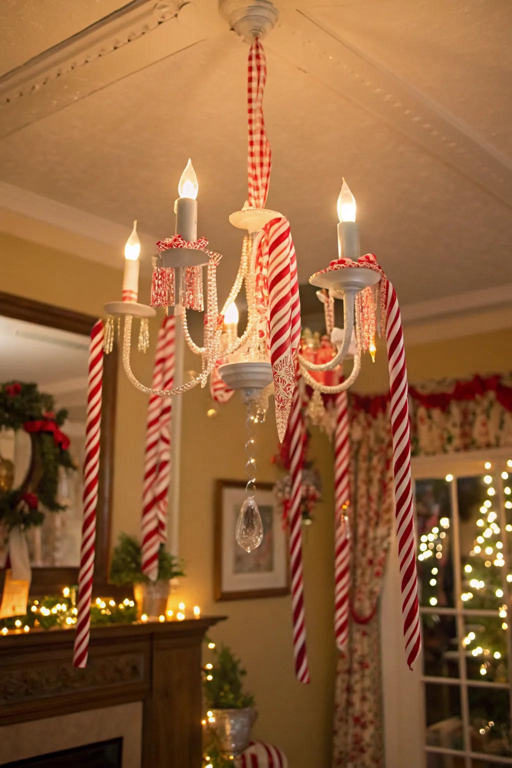 Candy cane ribbons add a playful twist to chandelier decor.
