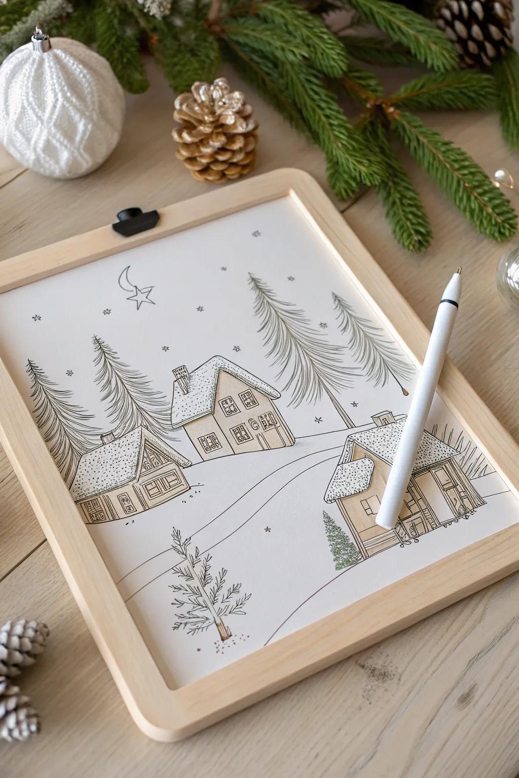 Capture the magic of a cozy winter tale with this charming Christmas village on a minimalist dry erase board. Perfect for adding a touch of festive elegance to your space!