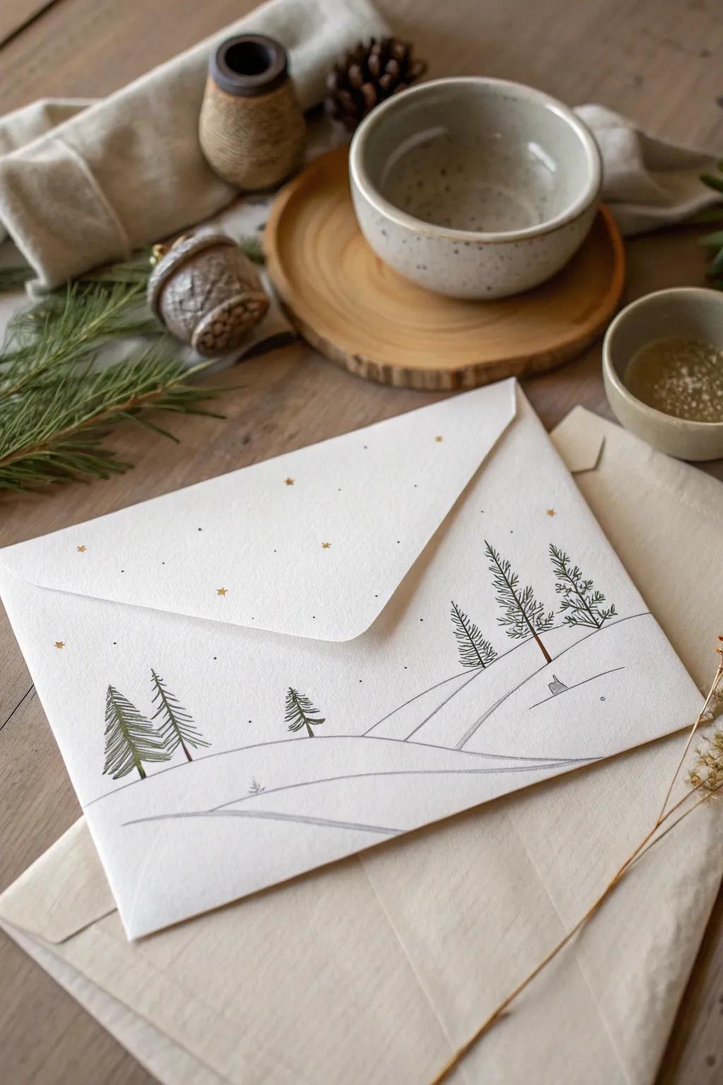 Embrace the serene beauty of simplicity with this minimalist snow scene envelope art, perfect for your holiday greetings.