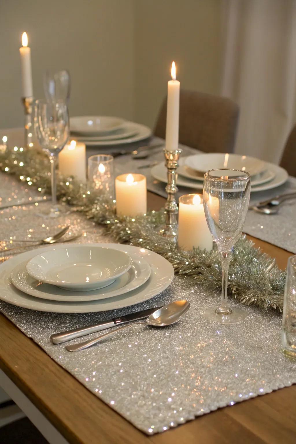 A tinsel table runner adds sparkle to a festive dining experience.