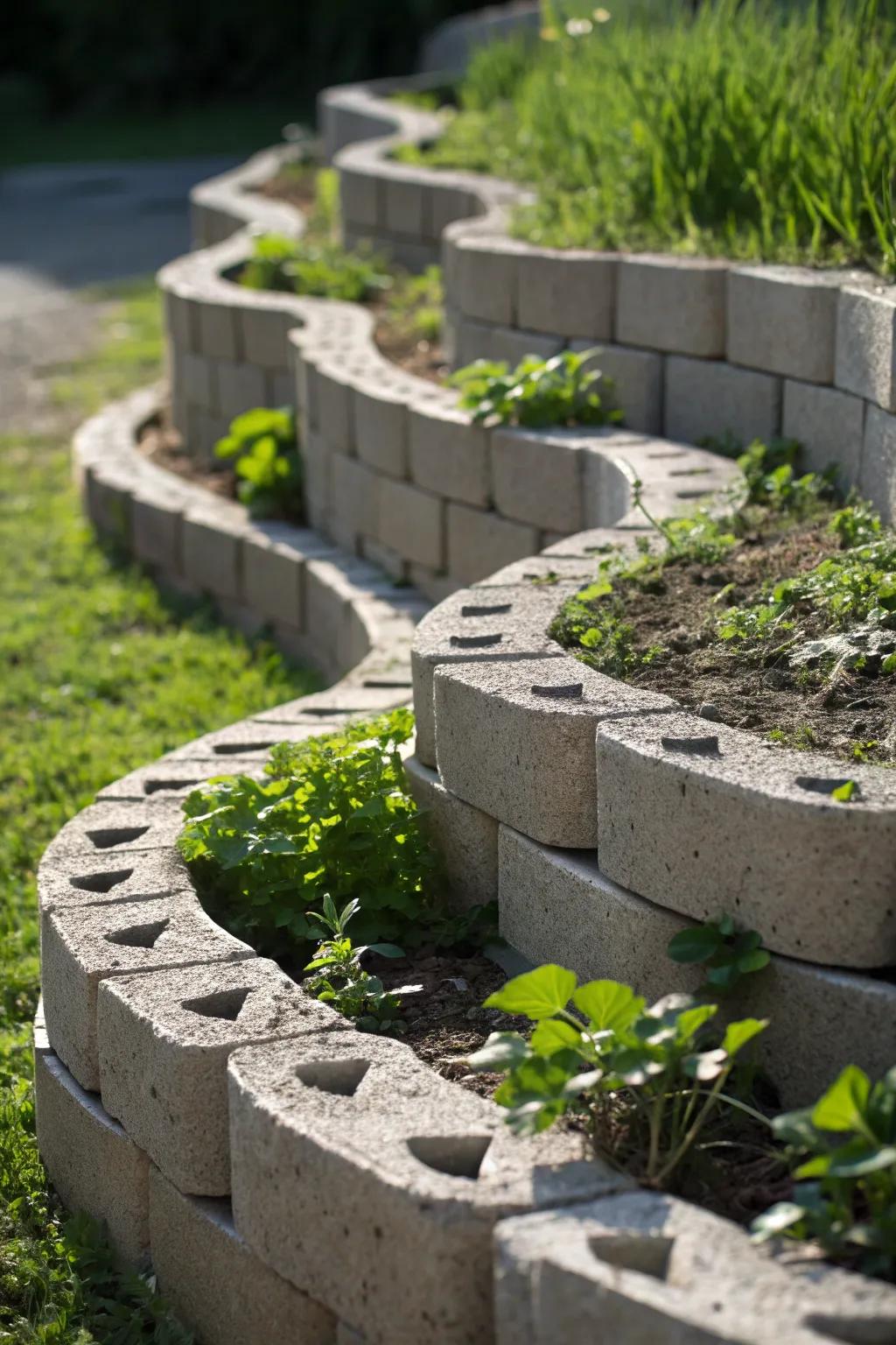 Craftsmanship meets nature: Wavy cinder block borders bring dynamic charm to your garden.