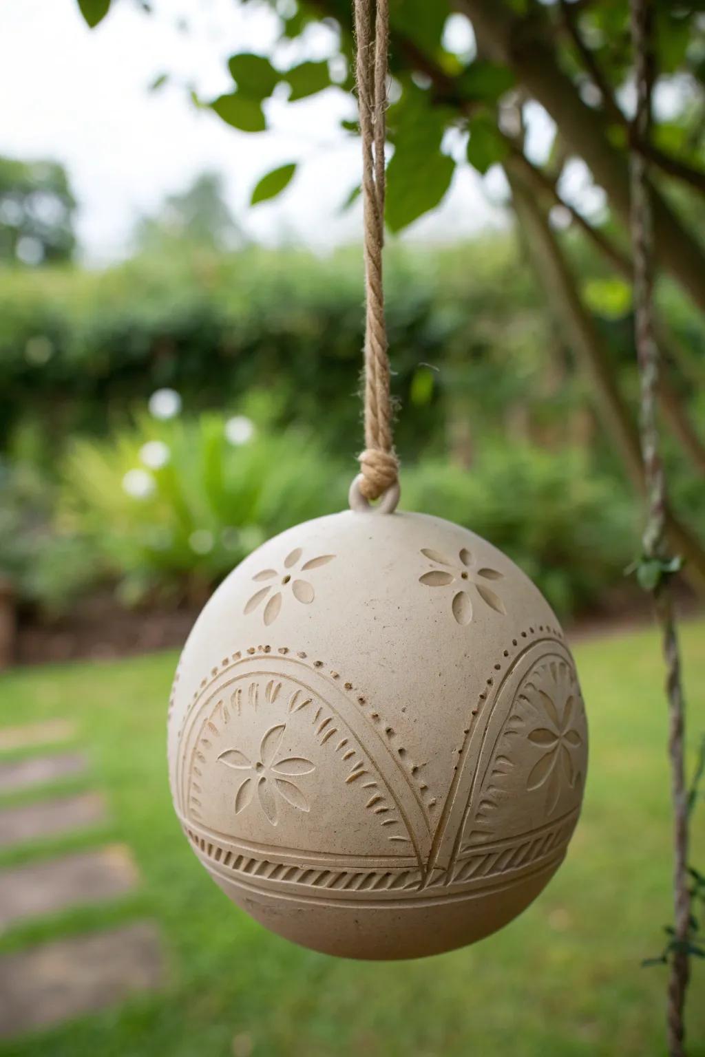 Enchant your garden with the simple elegance of handcrafted clay spheres, dancing in the breeze.