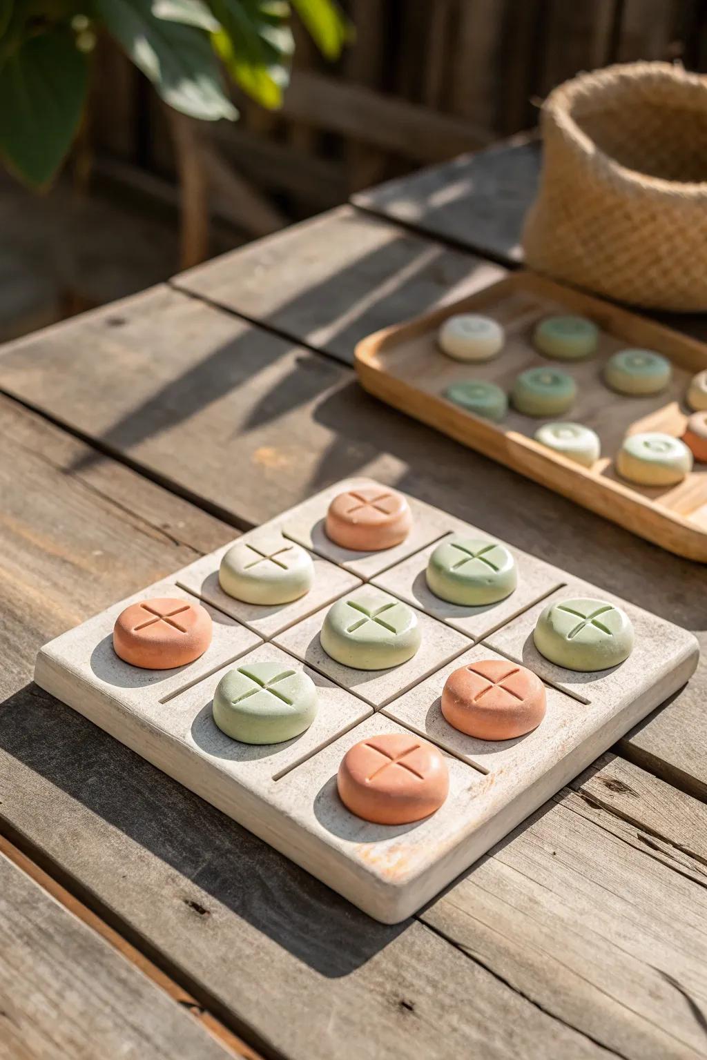 Embrace simplicity with a handcrafted clay tic tac toe board, where nature's palette meets timeless design.